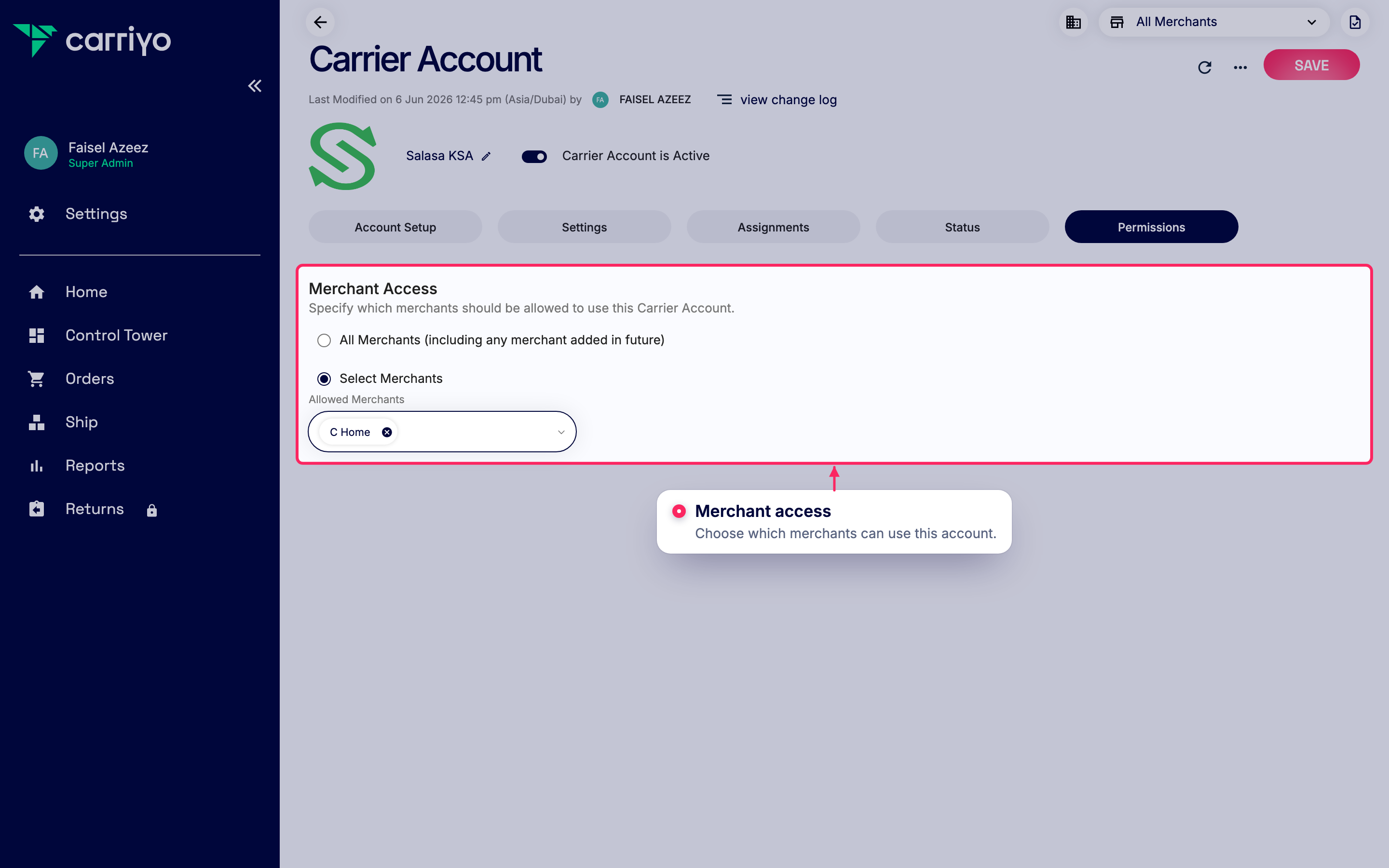 Add merchants to this carrier account