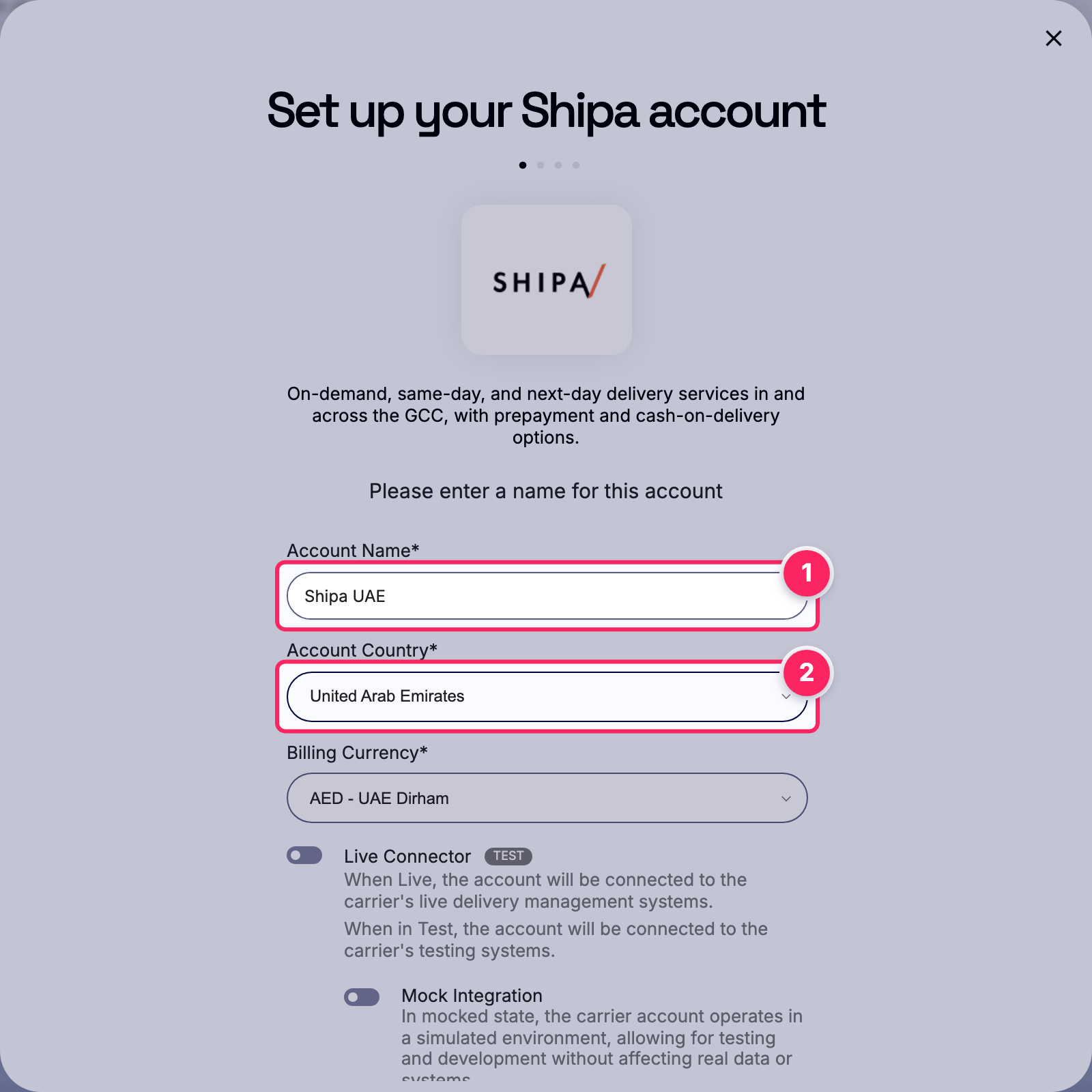 Fill in the account name and country.