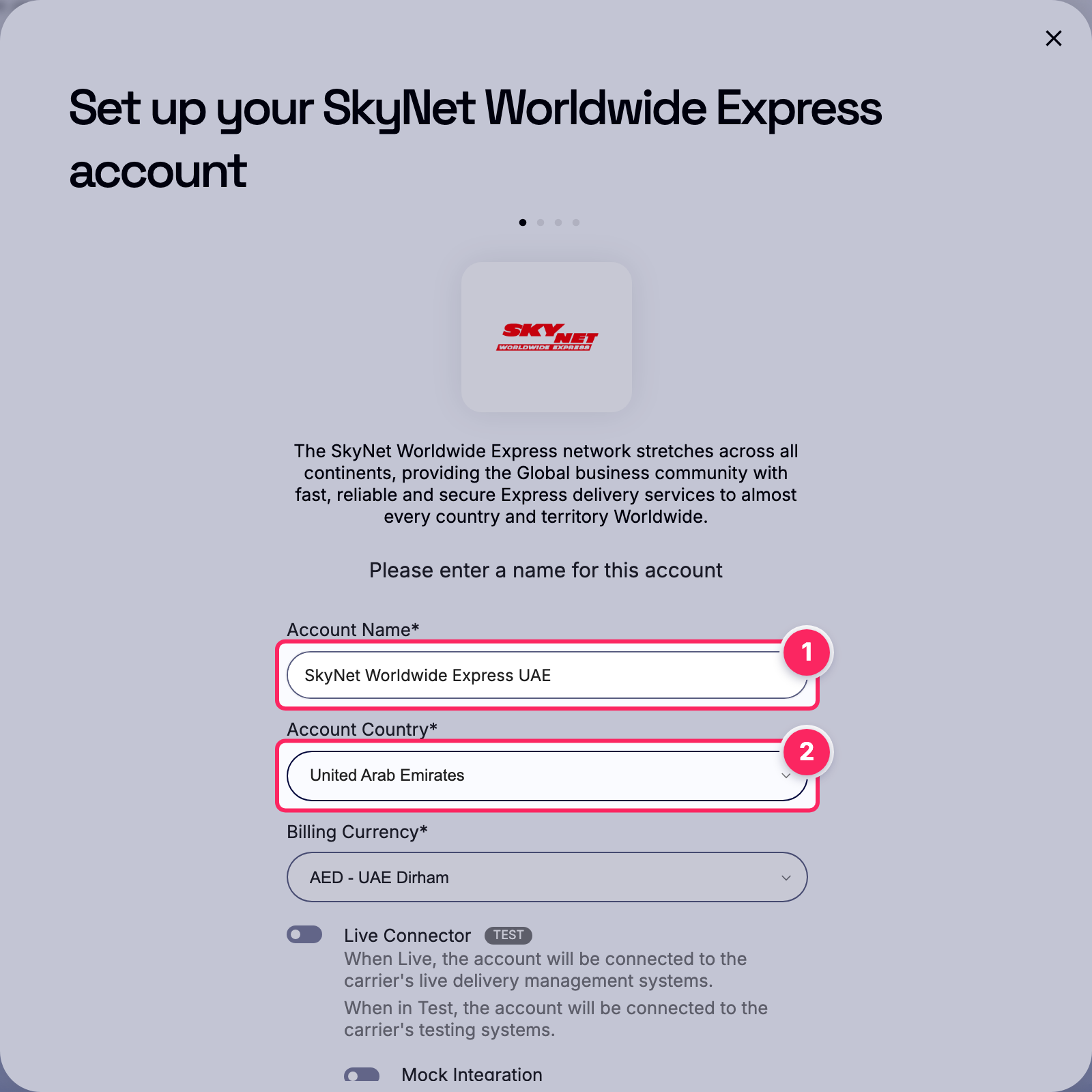 Fill in the account name and country.