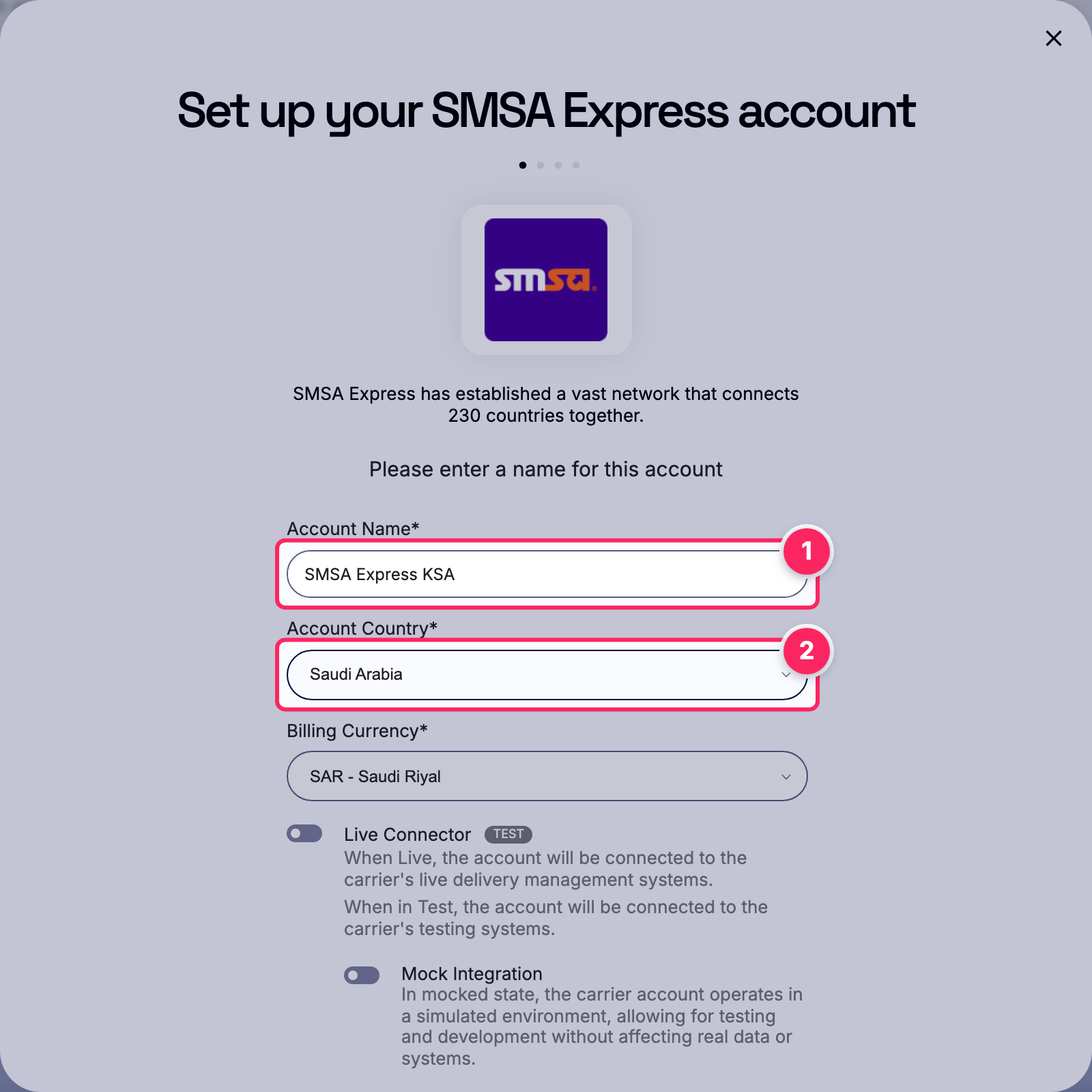Fill in the account name and country.