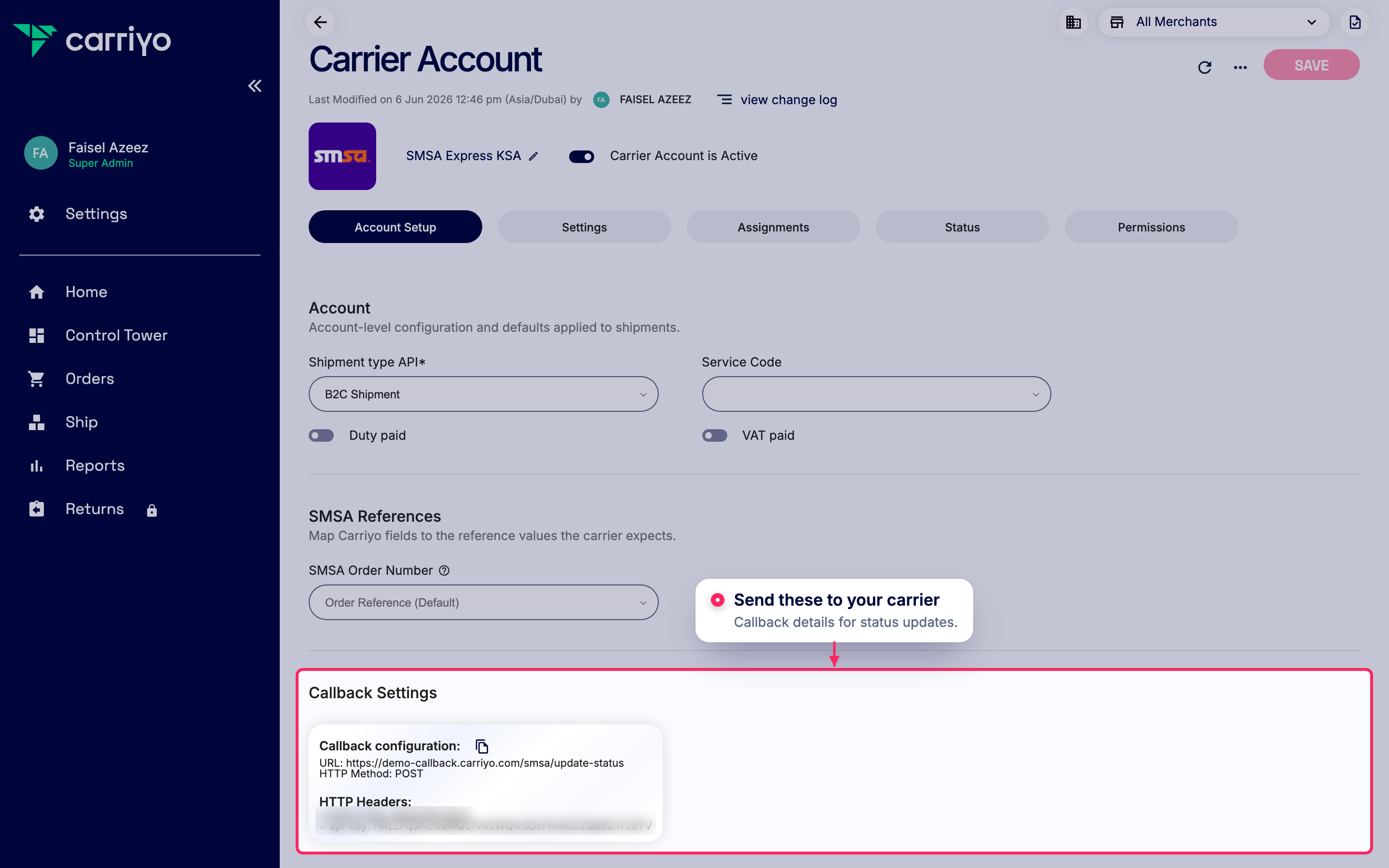 Share callback settings with your carrier