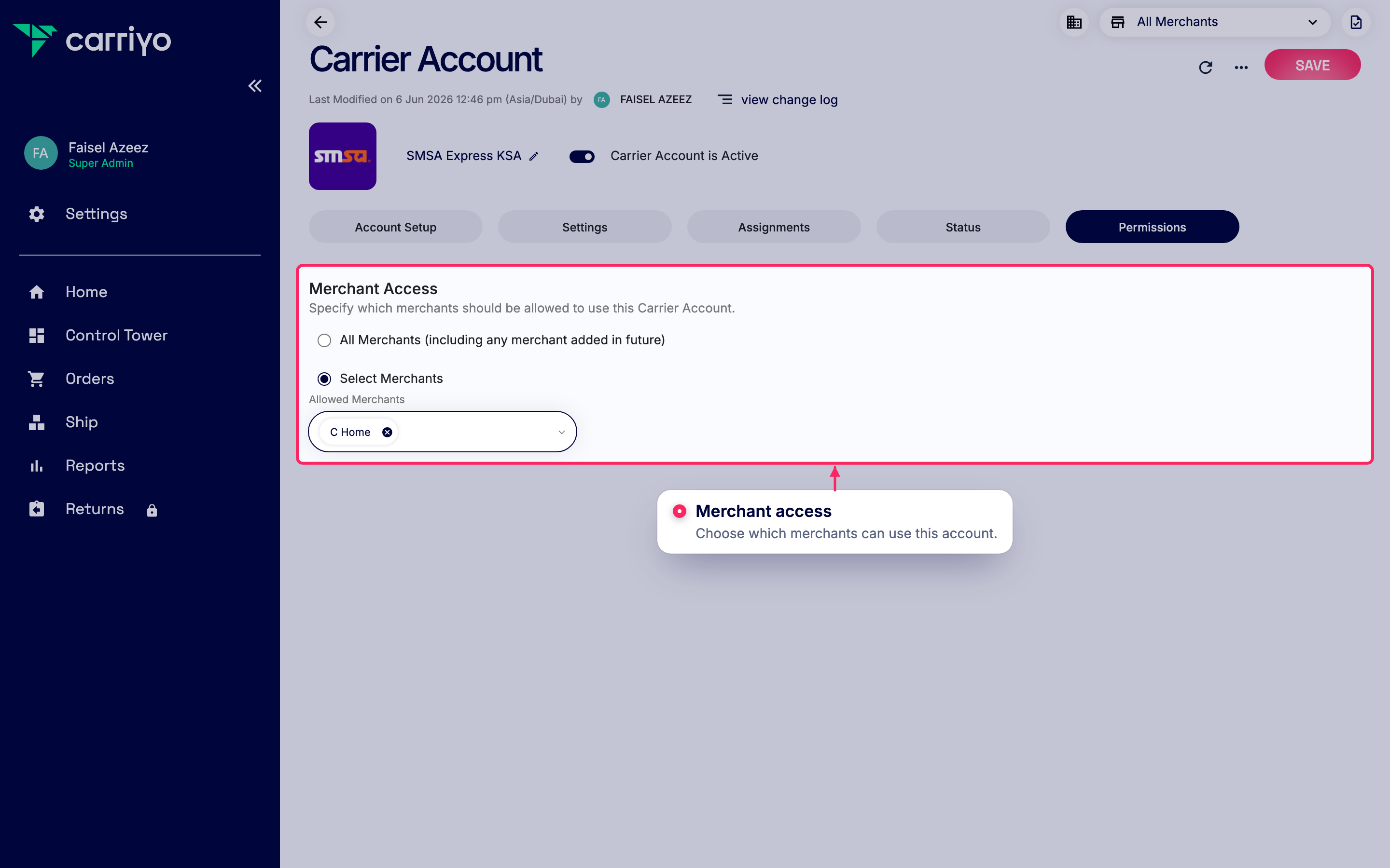 Add merchants to this carrier account
