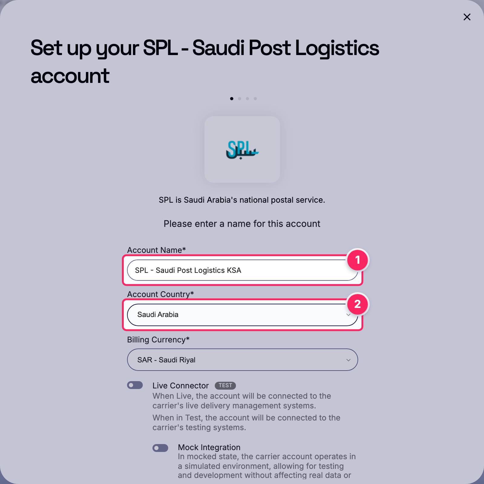 Fill in the account name and country.