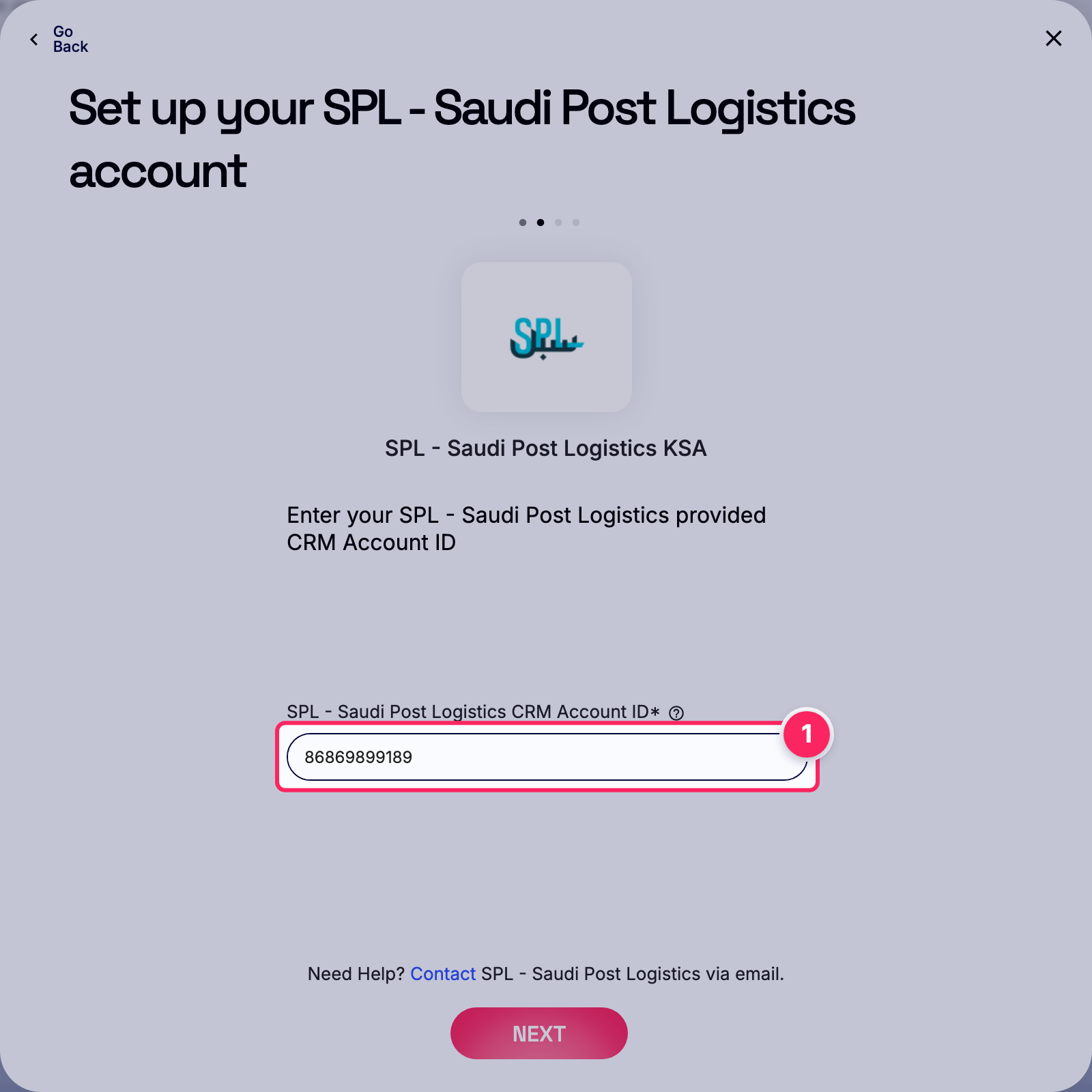 Enter spl - saudi post logistics crm account id.