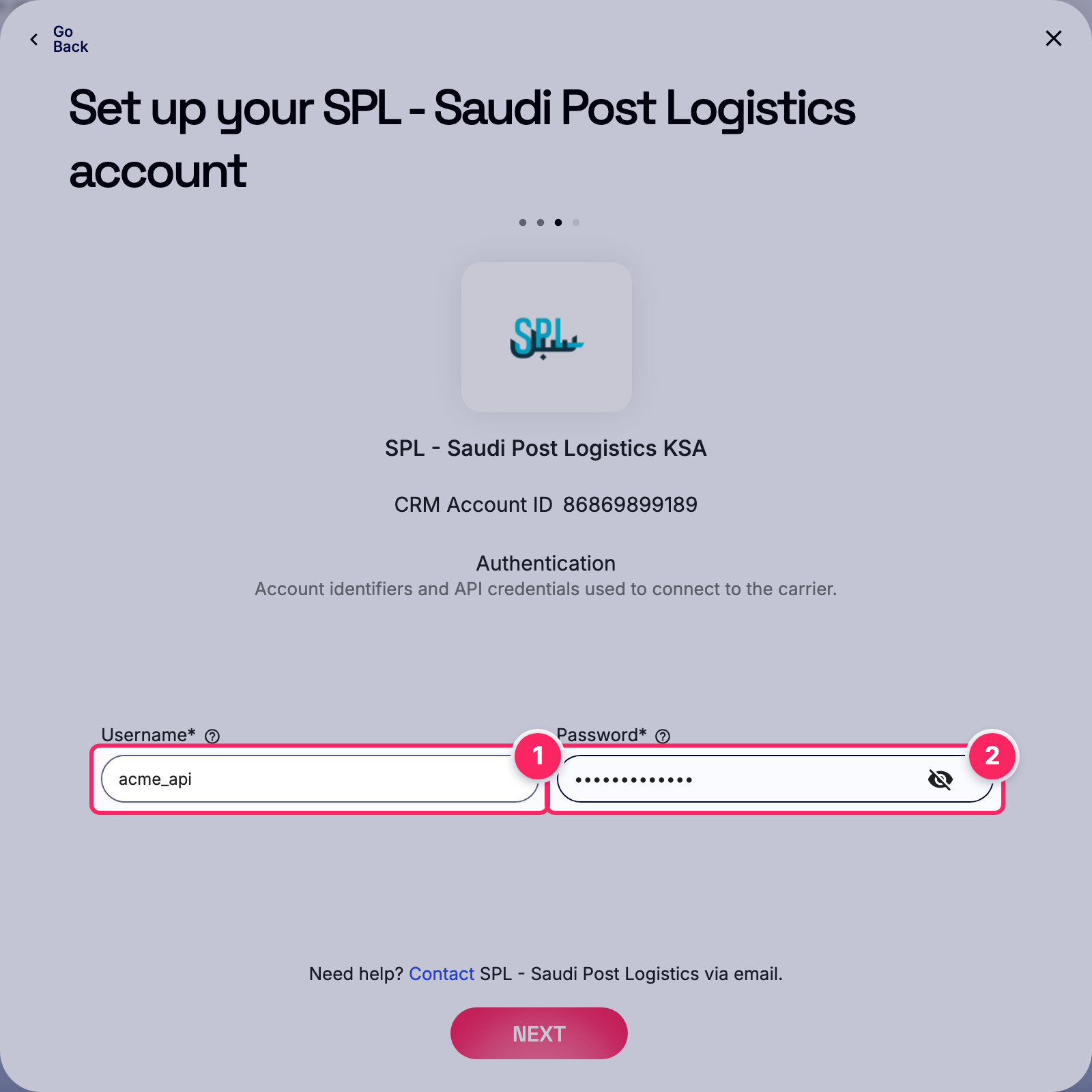 Fill in the SPL - Saudi Post Logistics account details.