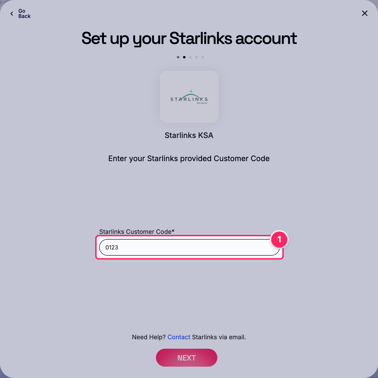 Enter starlinks customer code.
