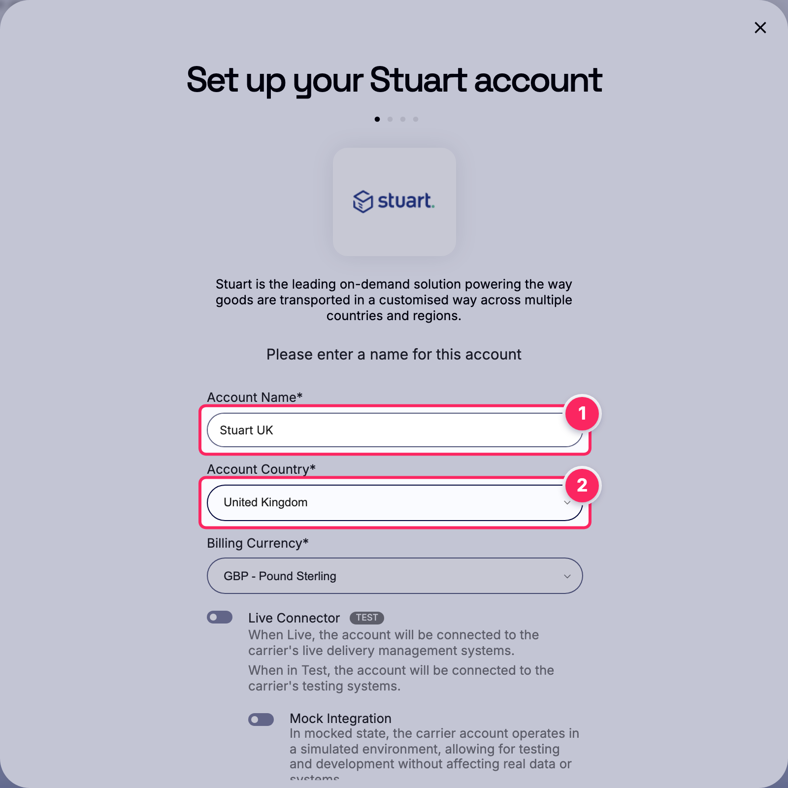 Fill in the account name and country.