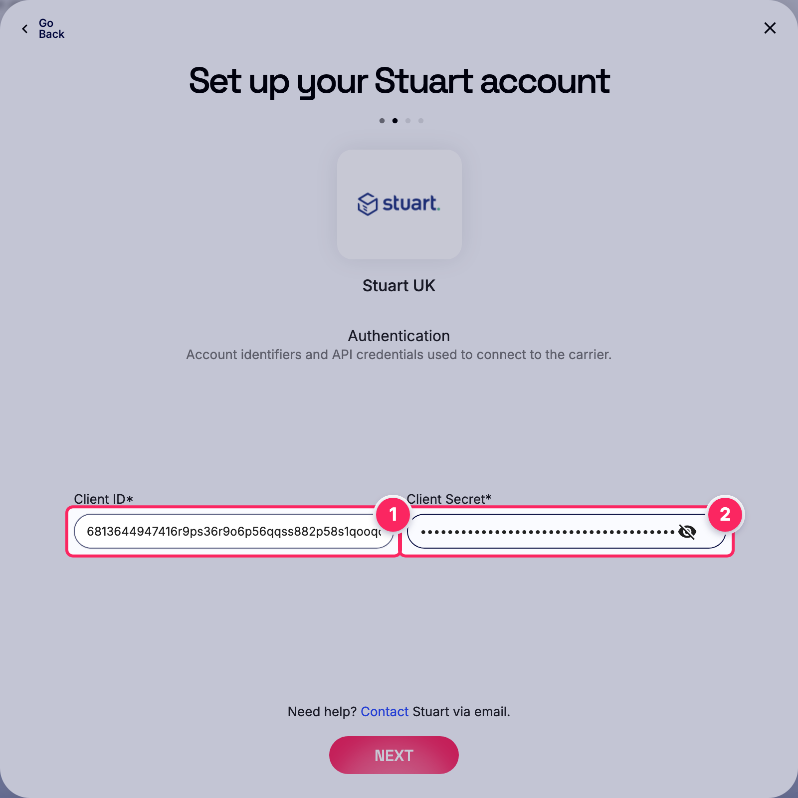Fill in the Stuart account details.