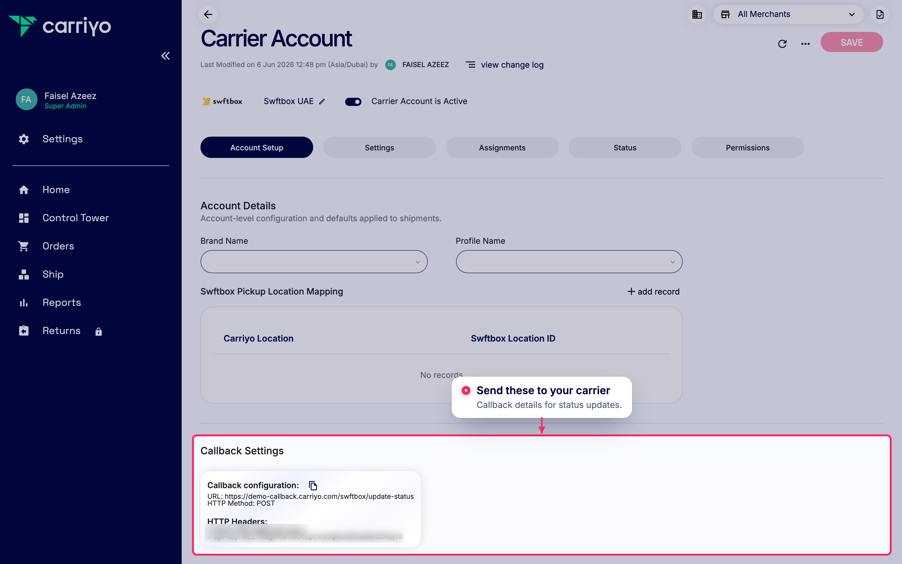 Share callback settings with your carrier