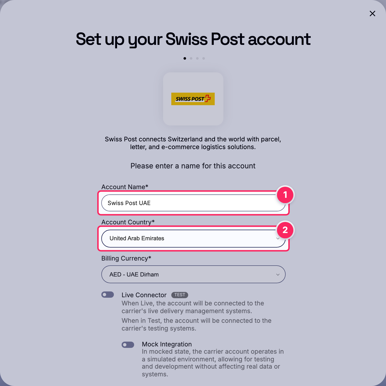 Fill in the account name and country.