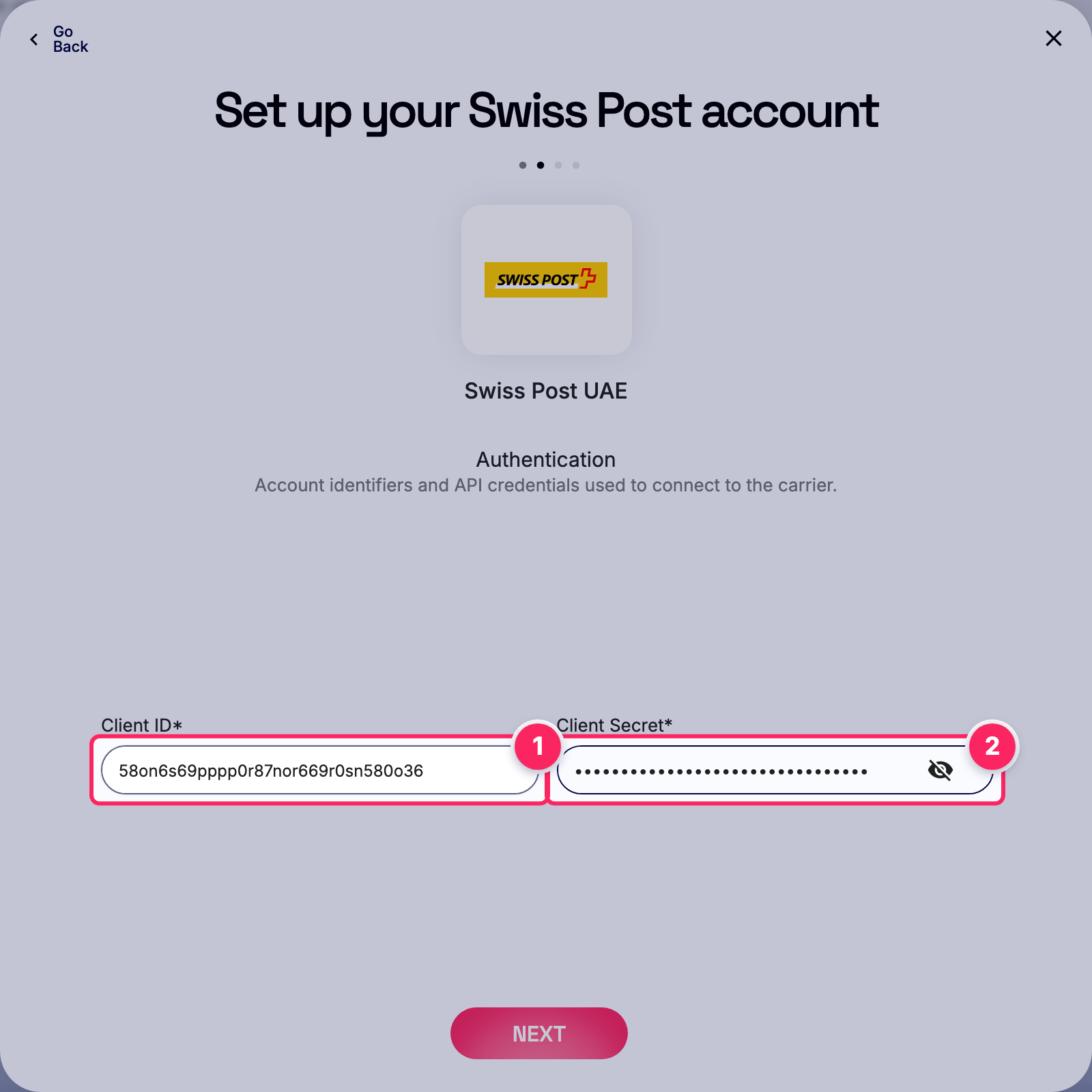 Fill in the Swiss Post account details.