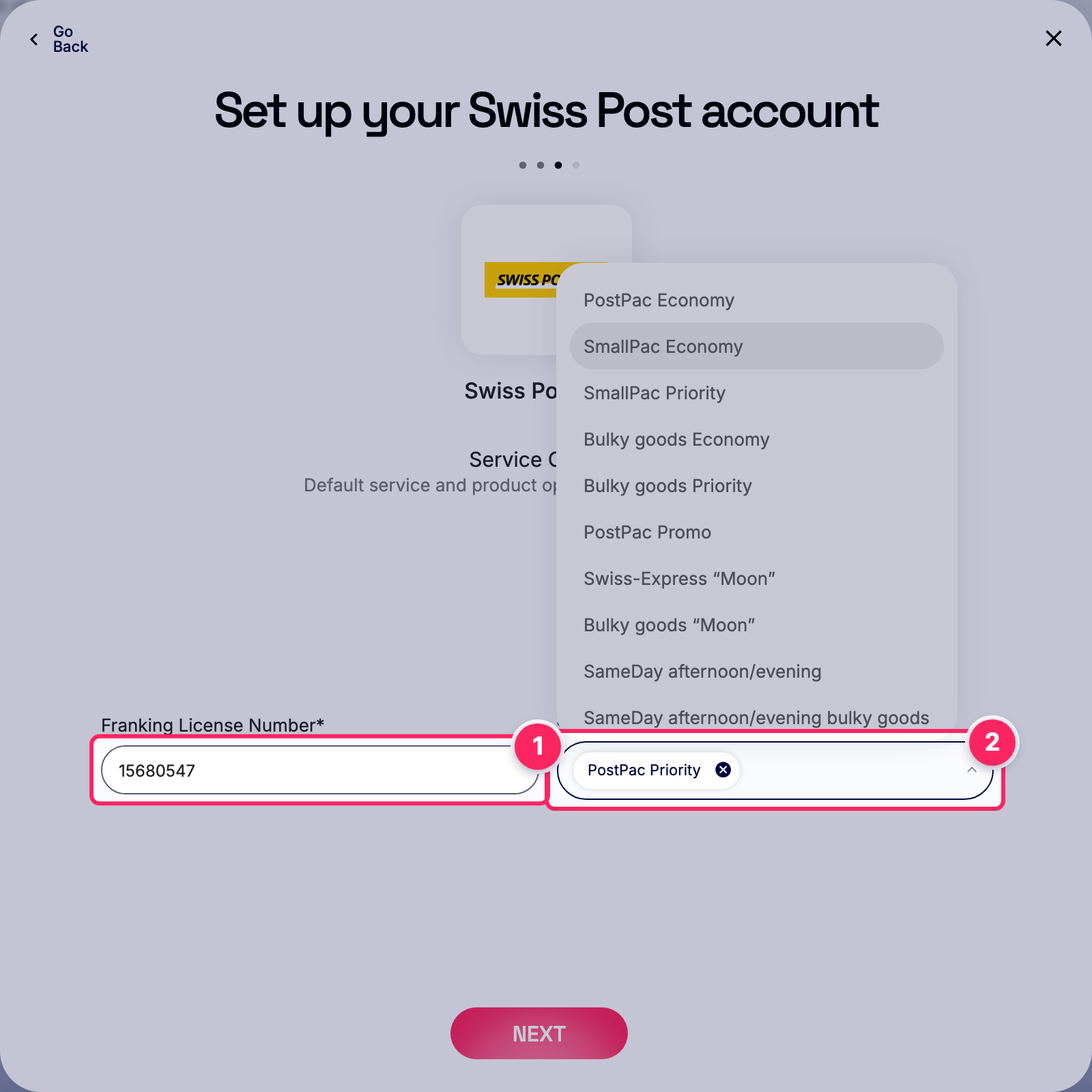 Fill in the Swiss Post account details.