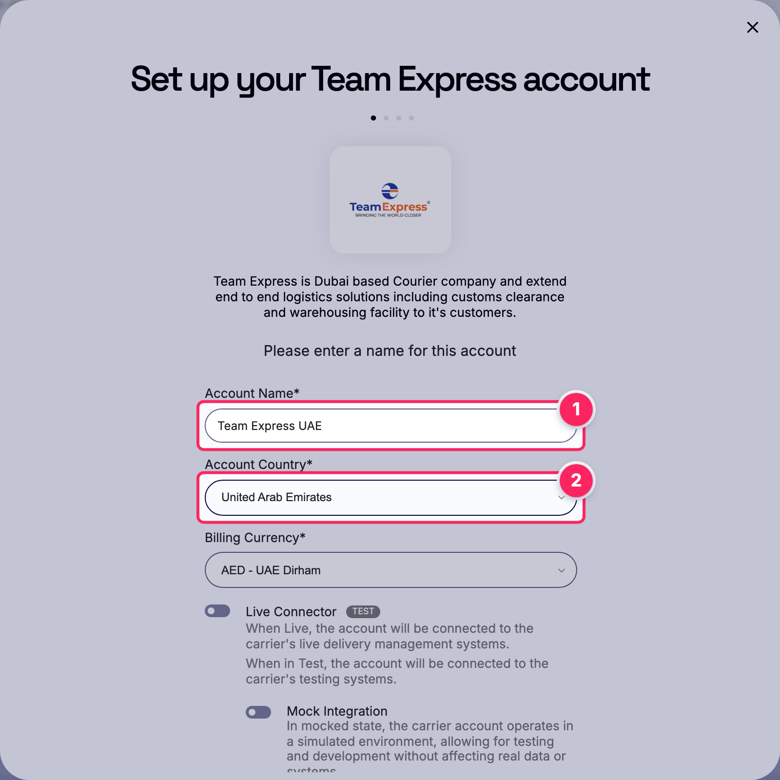 Fill in the account name and country.