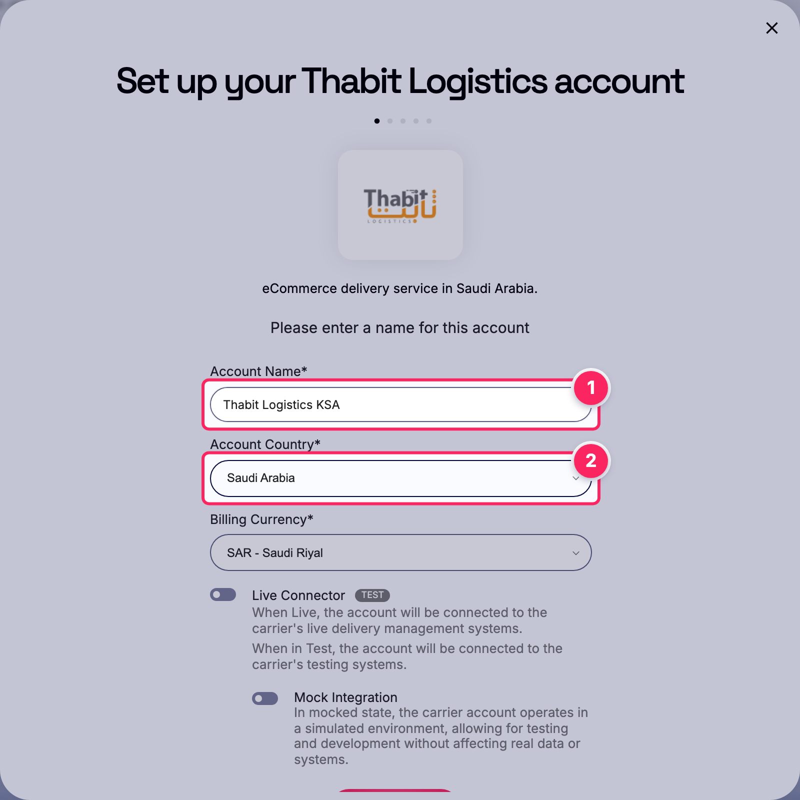 Fill in the account name and country.
