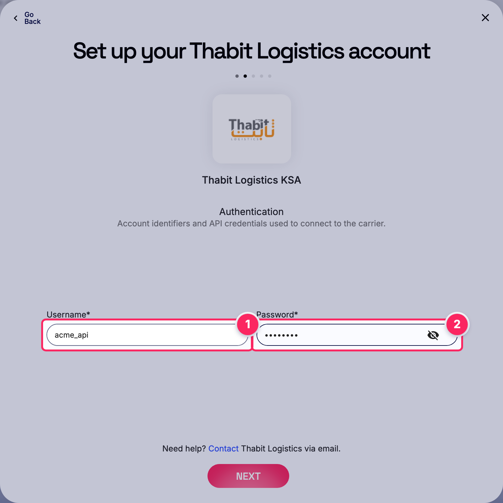 Fill in the Thabit Logistics account details.