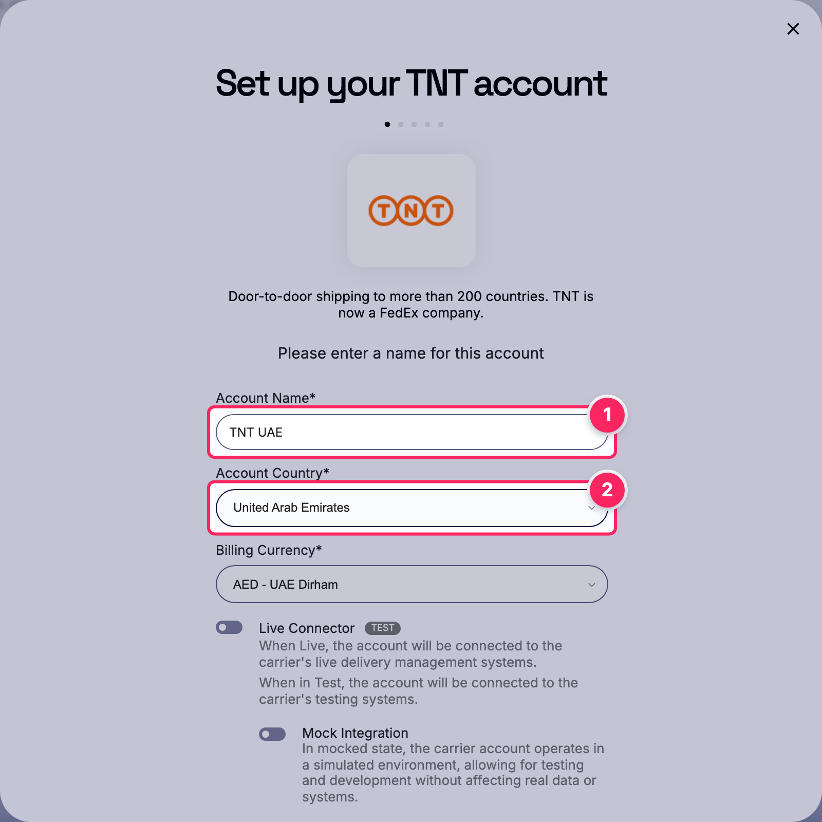 Fill in the account name and country.