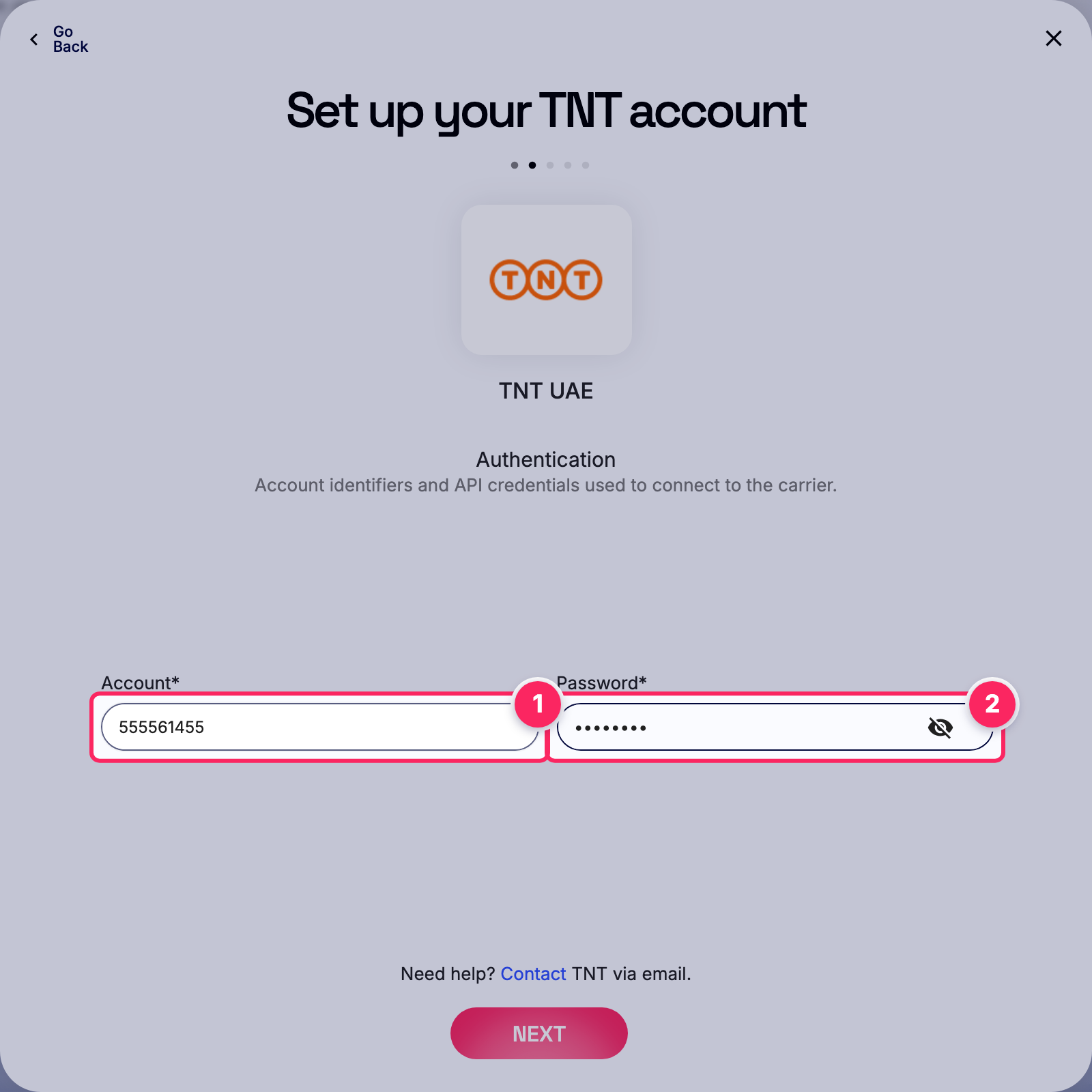 Fill in the TNT account details.