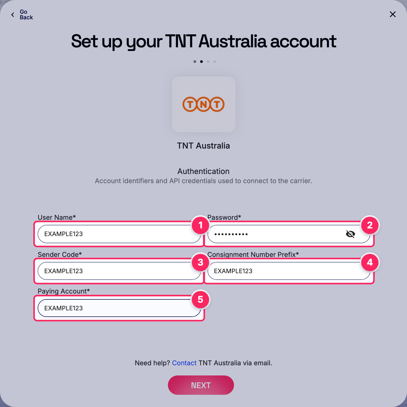 Fill in the TNT Australia account details.