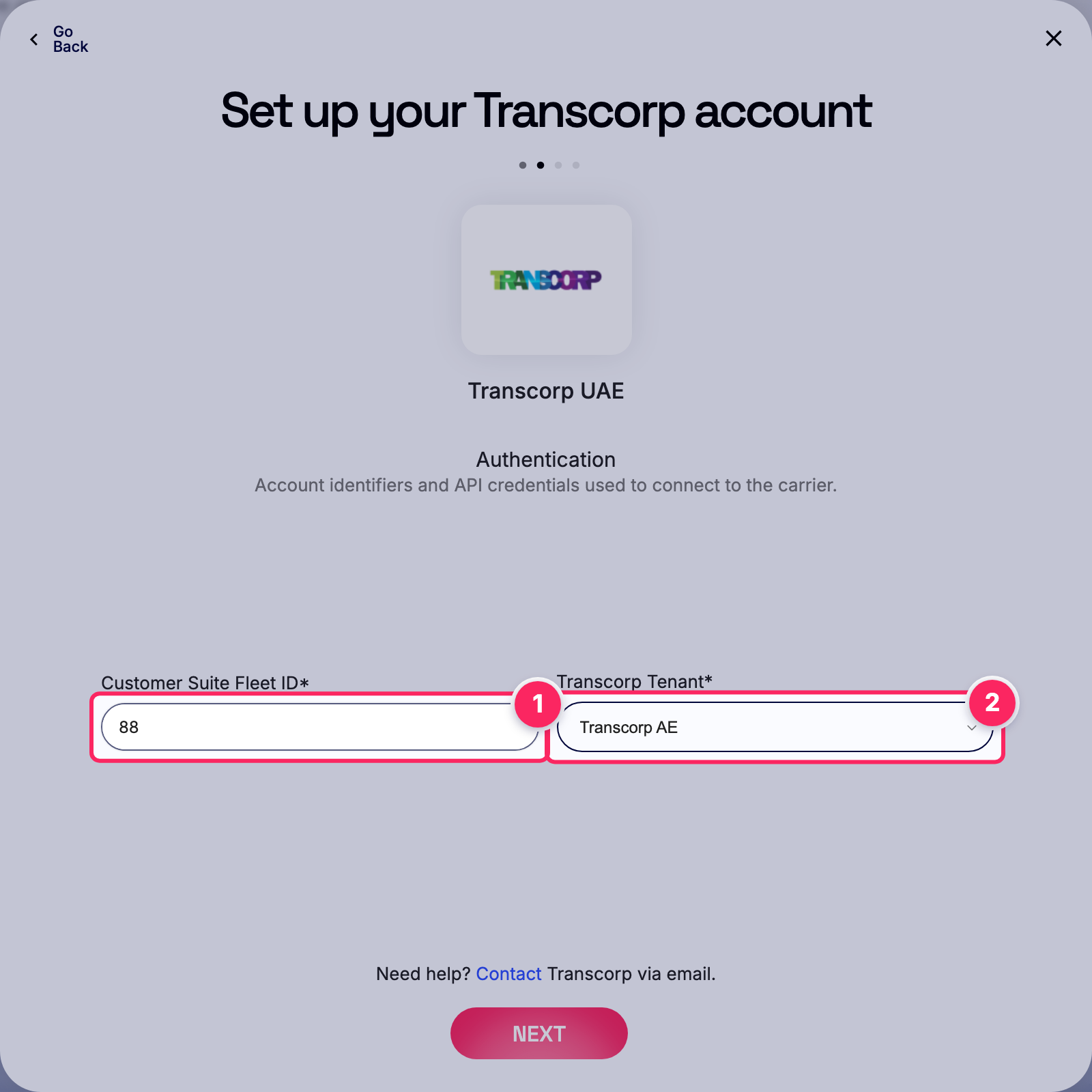 Fill in the Transcorp account details.