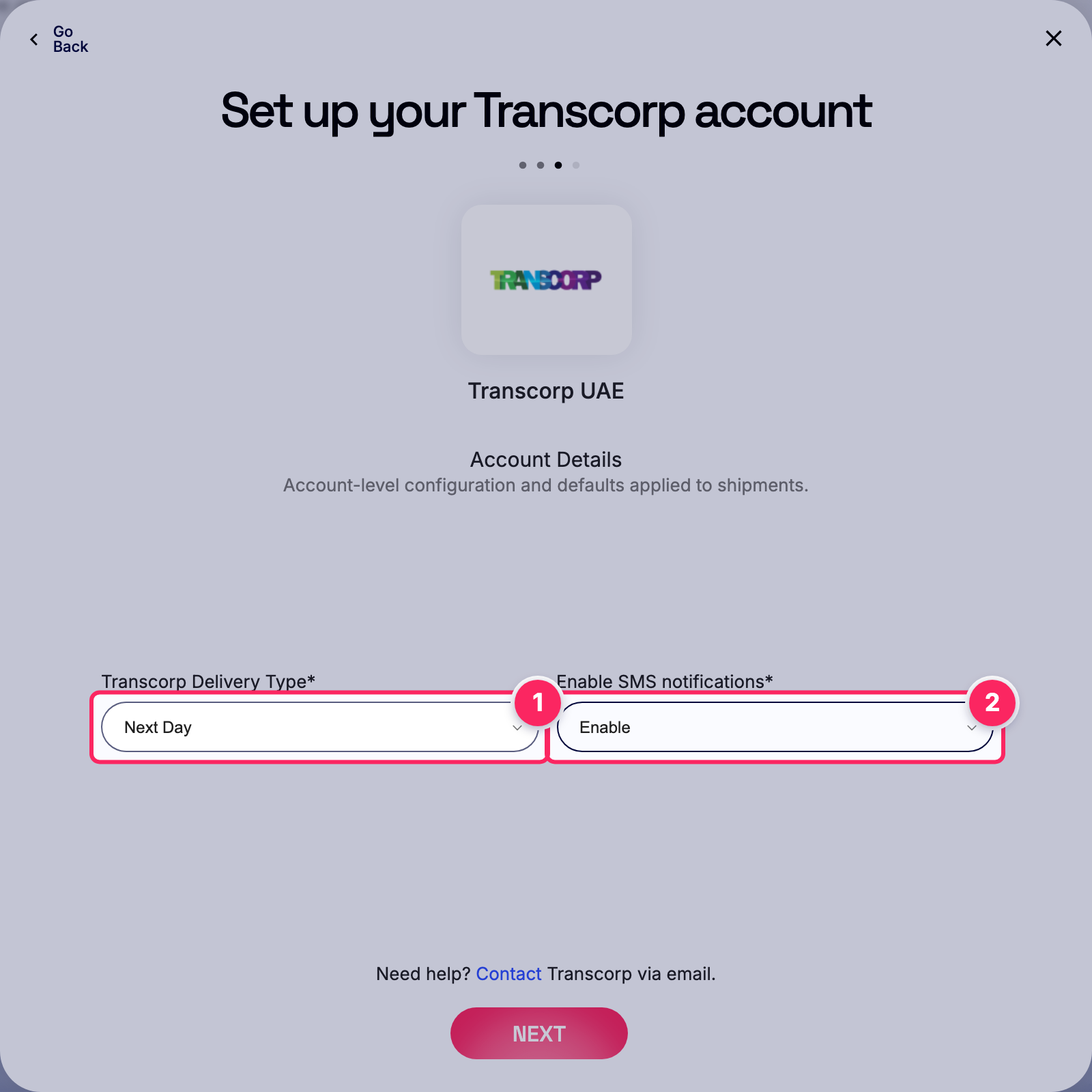 Fill in the Transcorp account details.