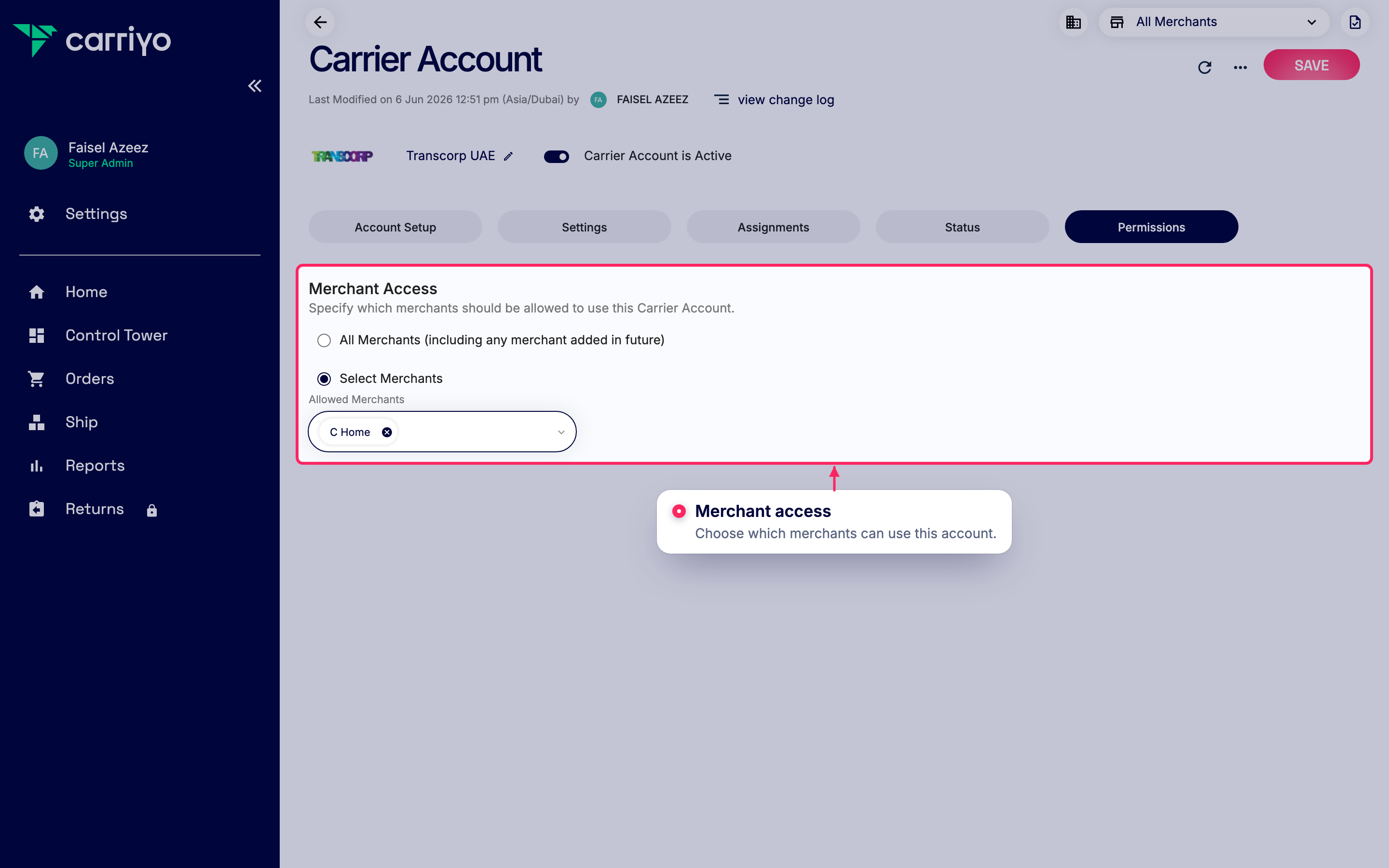 Add merchants to this carrier account