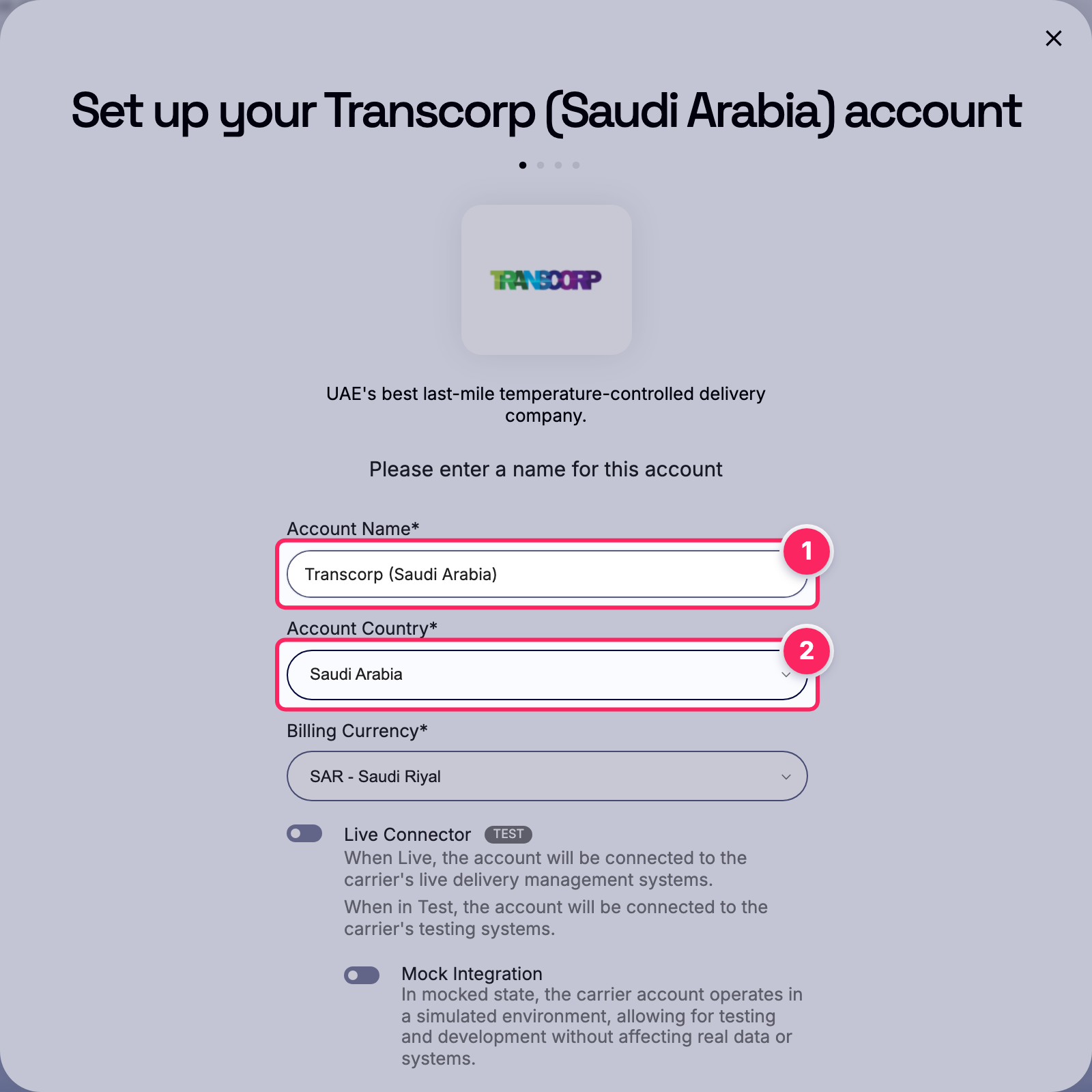 Fill in the account name and country.