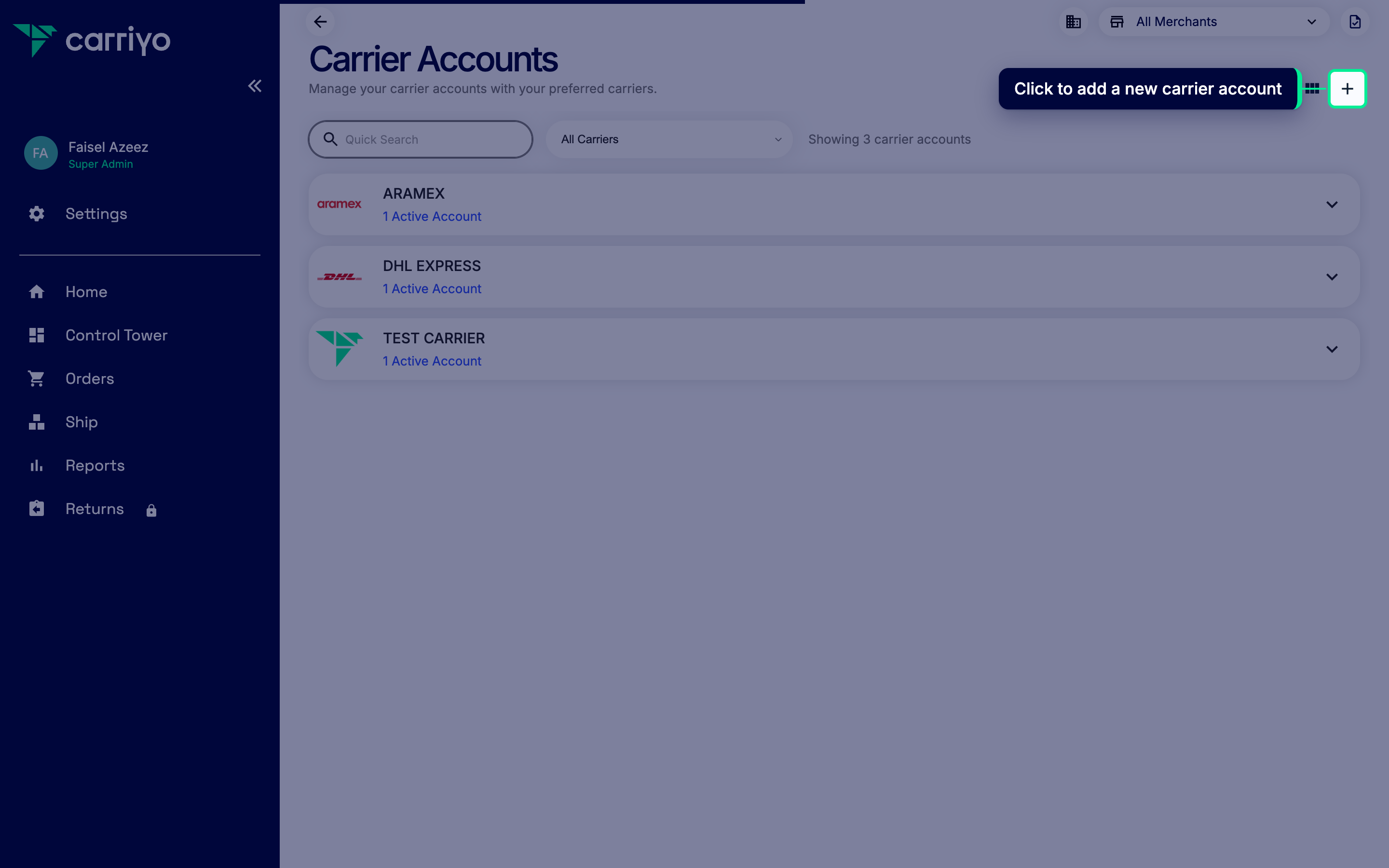 Carrier accounts list with the add carrier account button highlighted