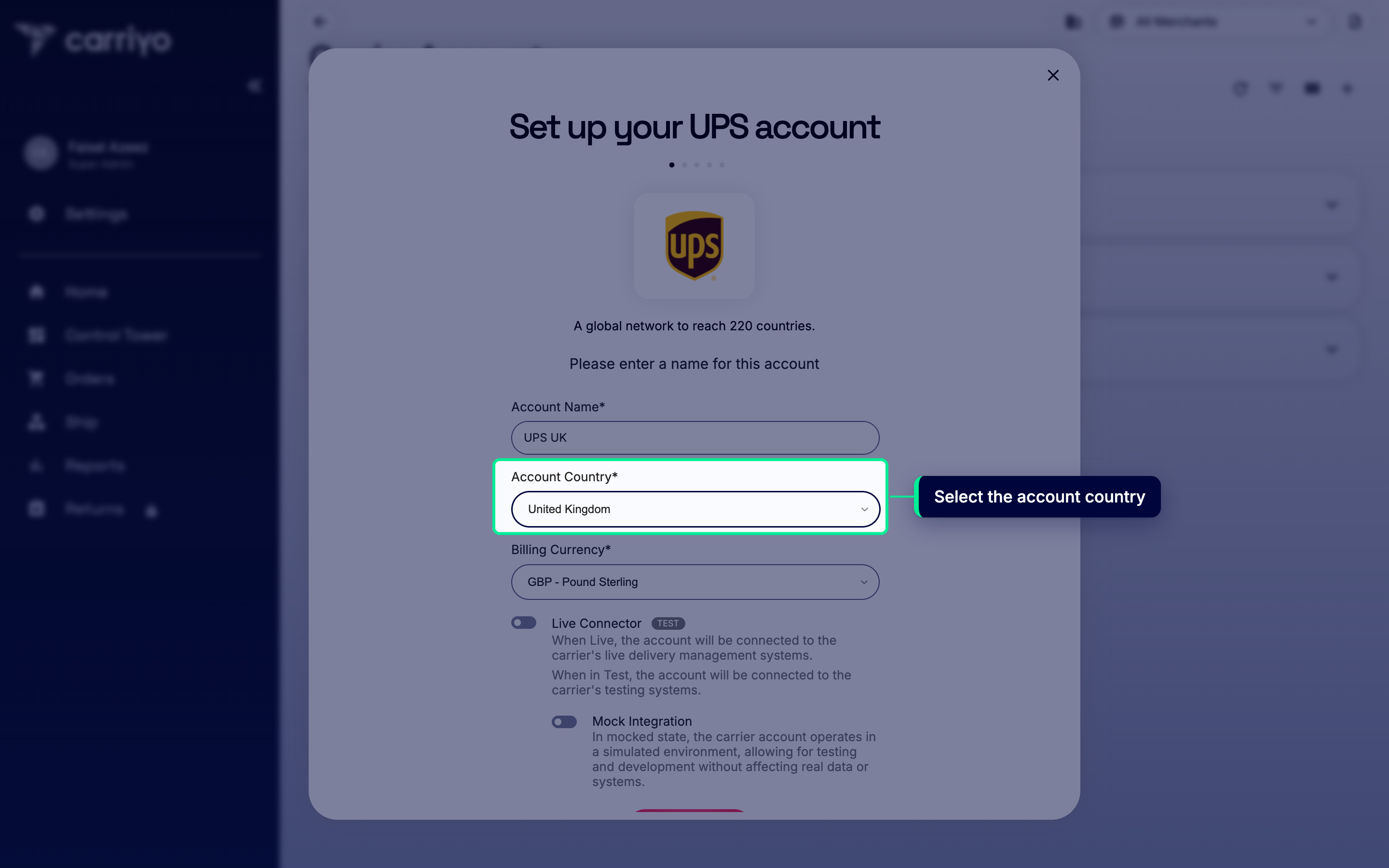 Account Country field with United Kingdom selected