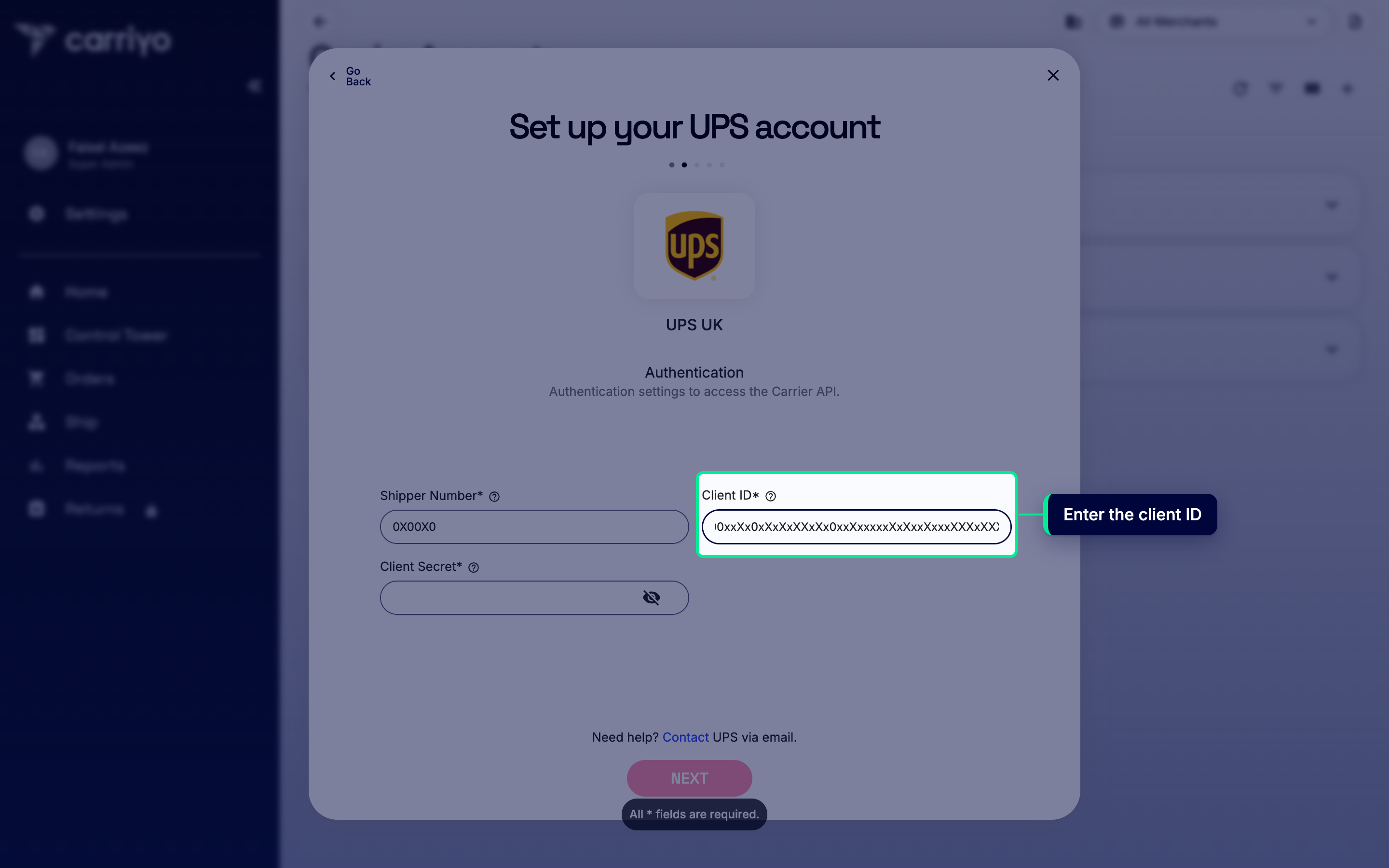 Client ID field with a sample value entered