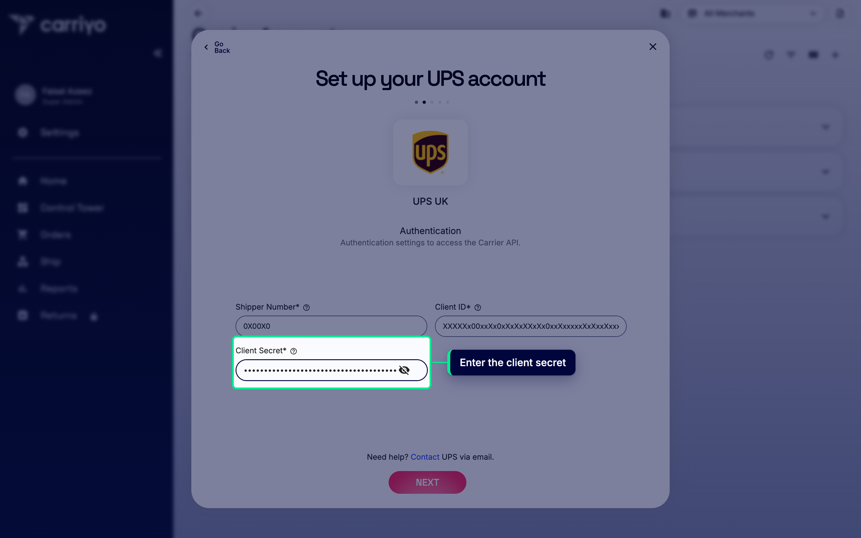 Client Secret field with a sample value entered