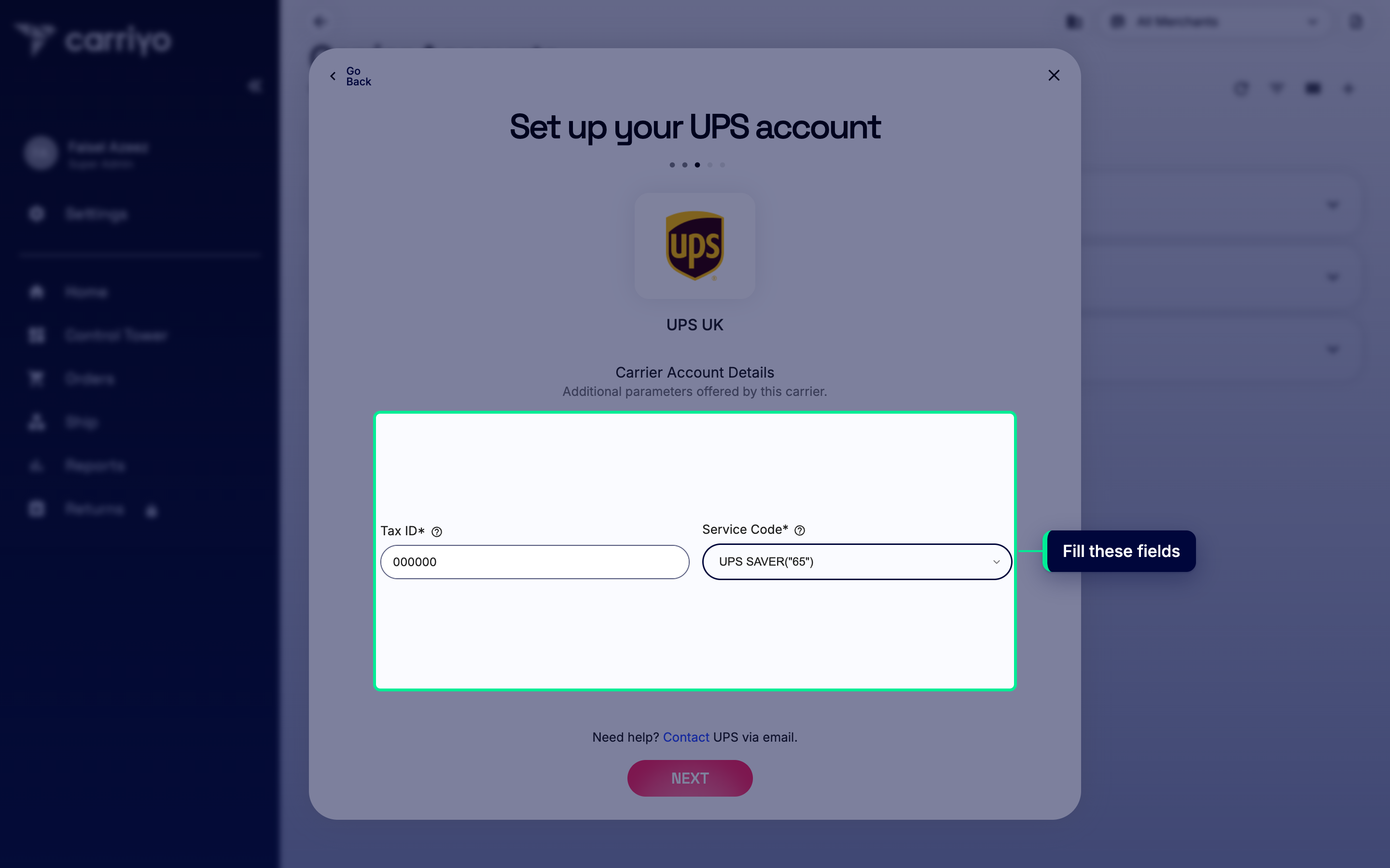 Tax ID and Service Code fields filled in