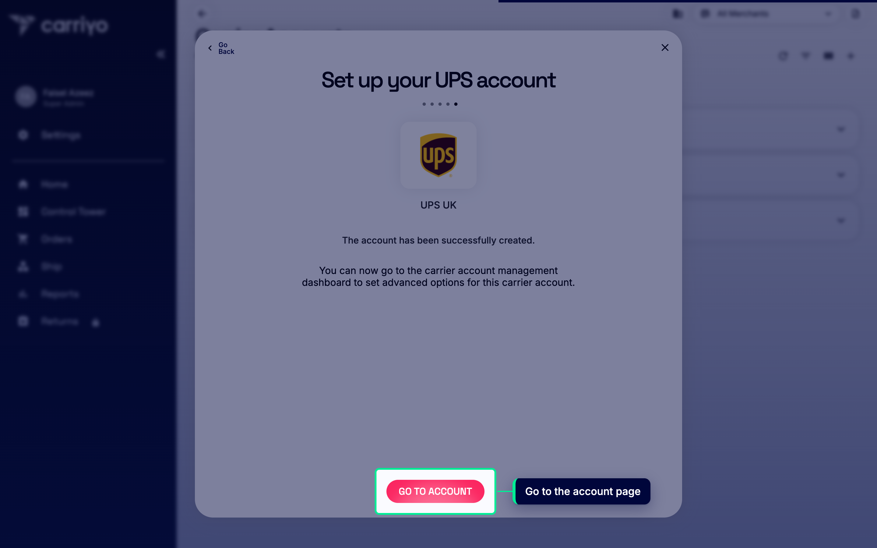 Wizard finish screen with the GO TO ACCOUNT button highlighted