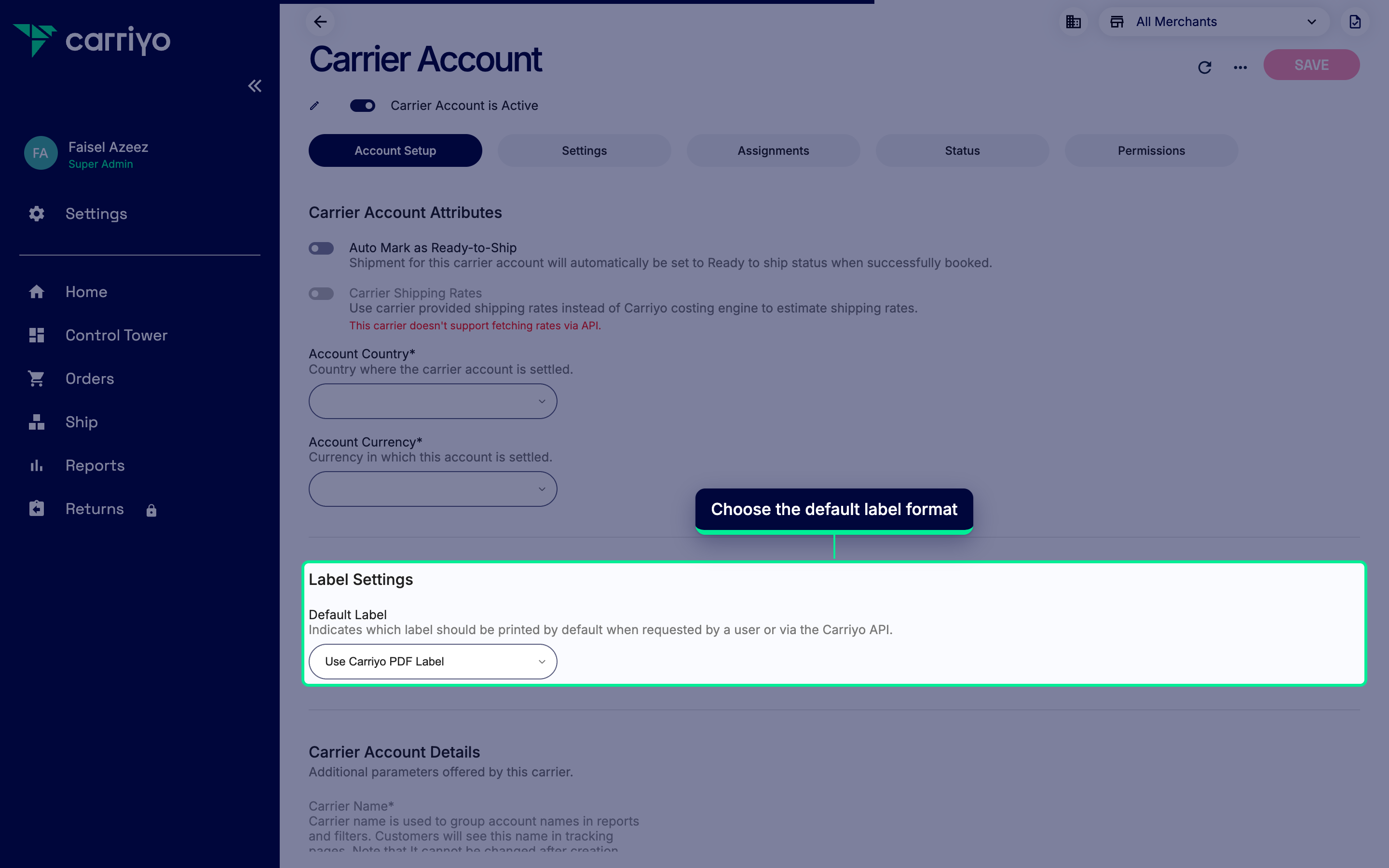 Default Label section on the Account Setup tab