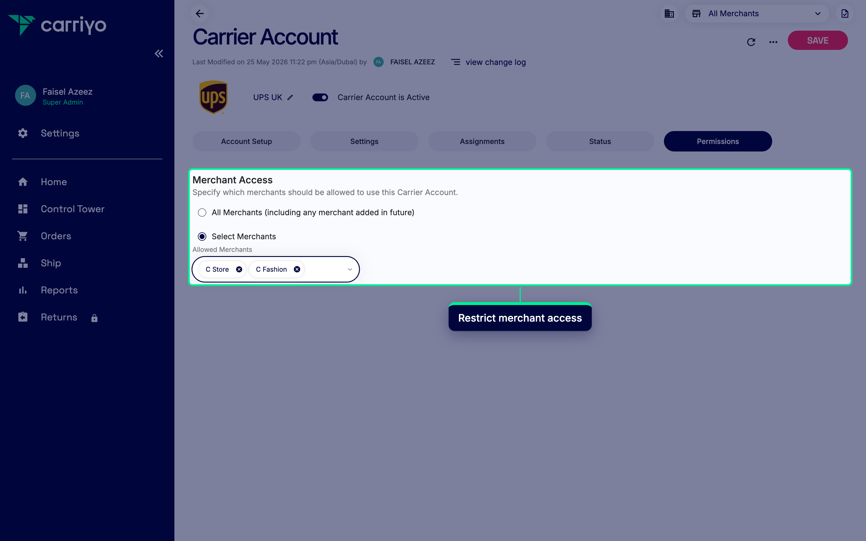 Permissions tab with C Store and C Fashion added to the merchant picker