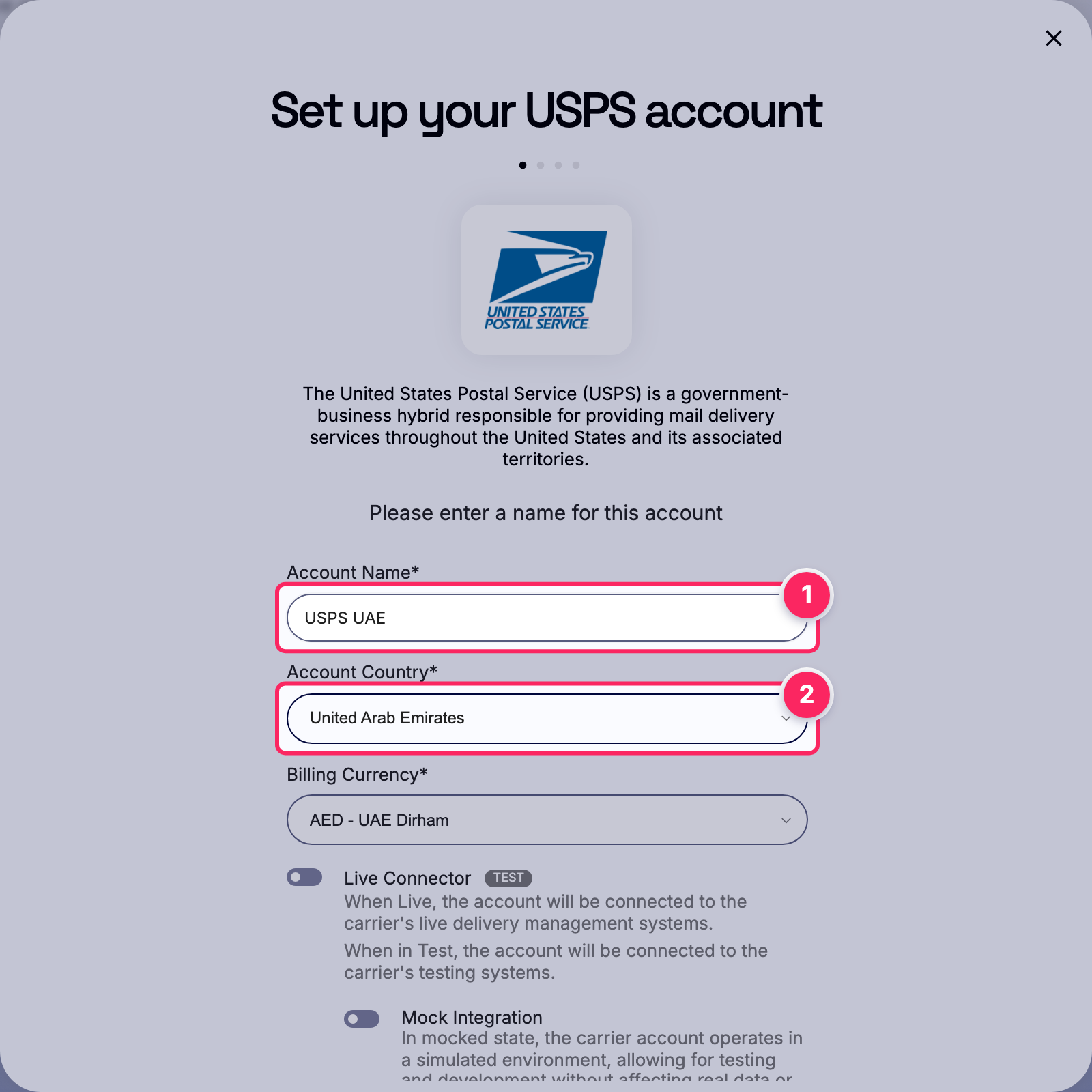 Fill in the account name and country.