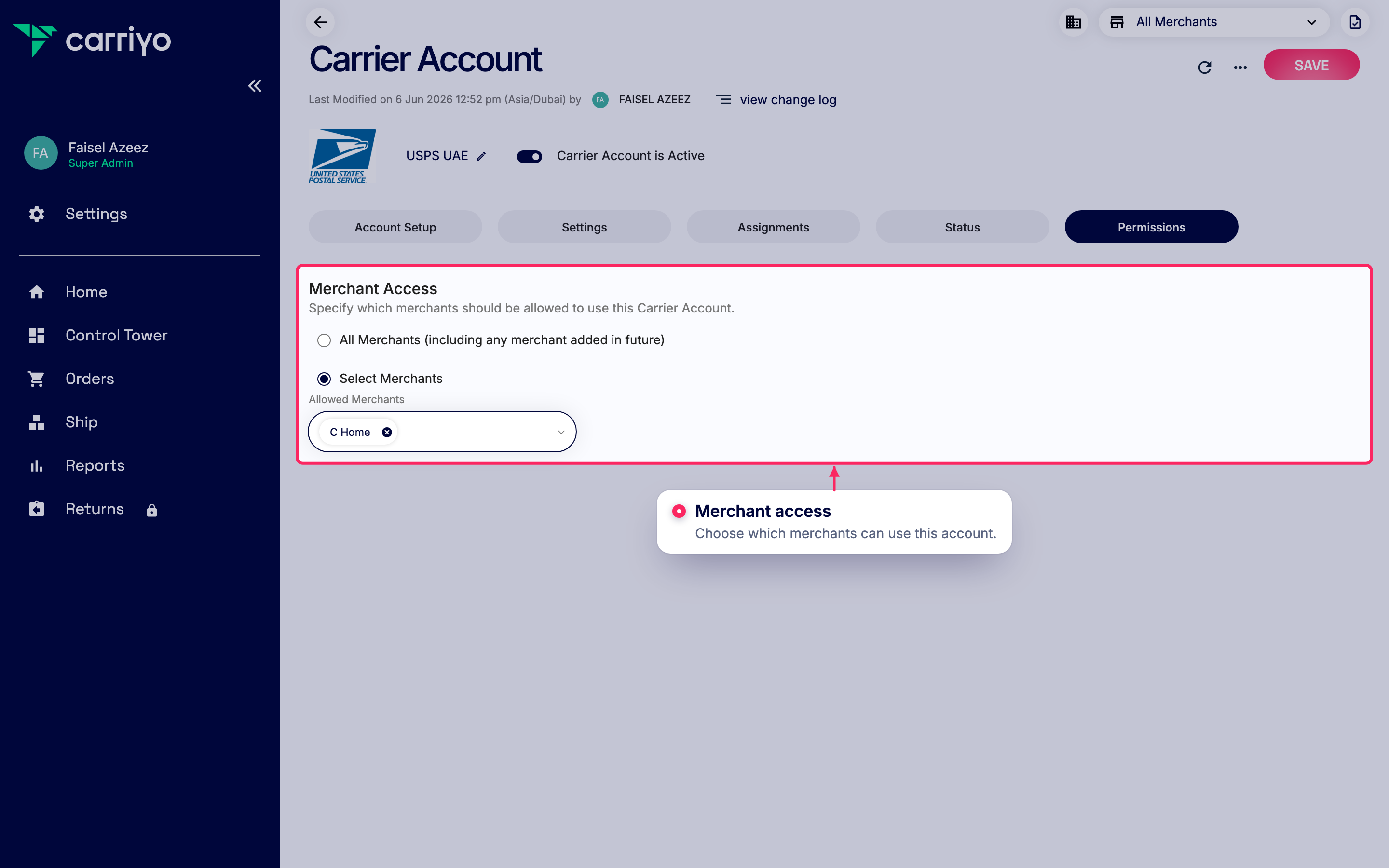 Add merchants to this carrier account