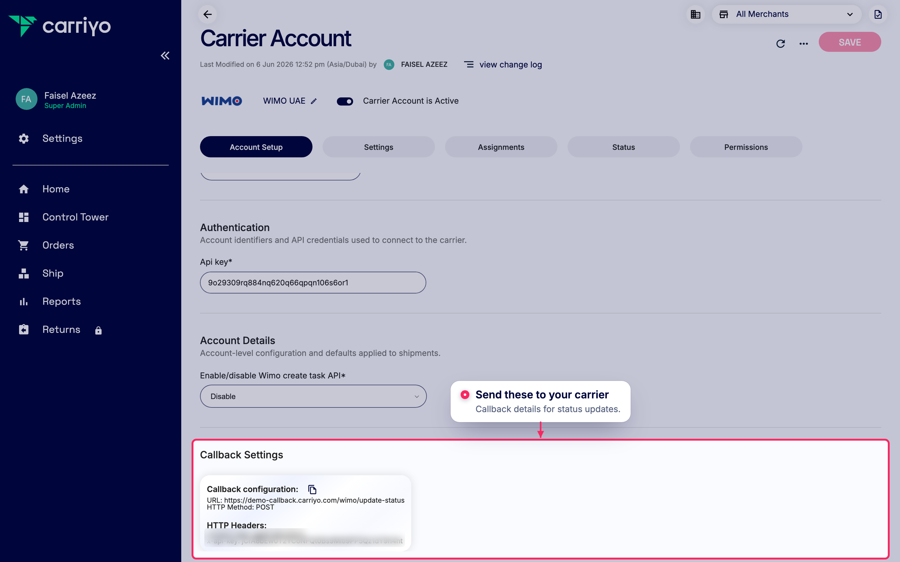 Share callback settings with your carrier