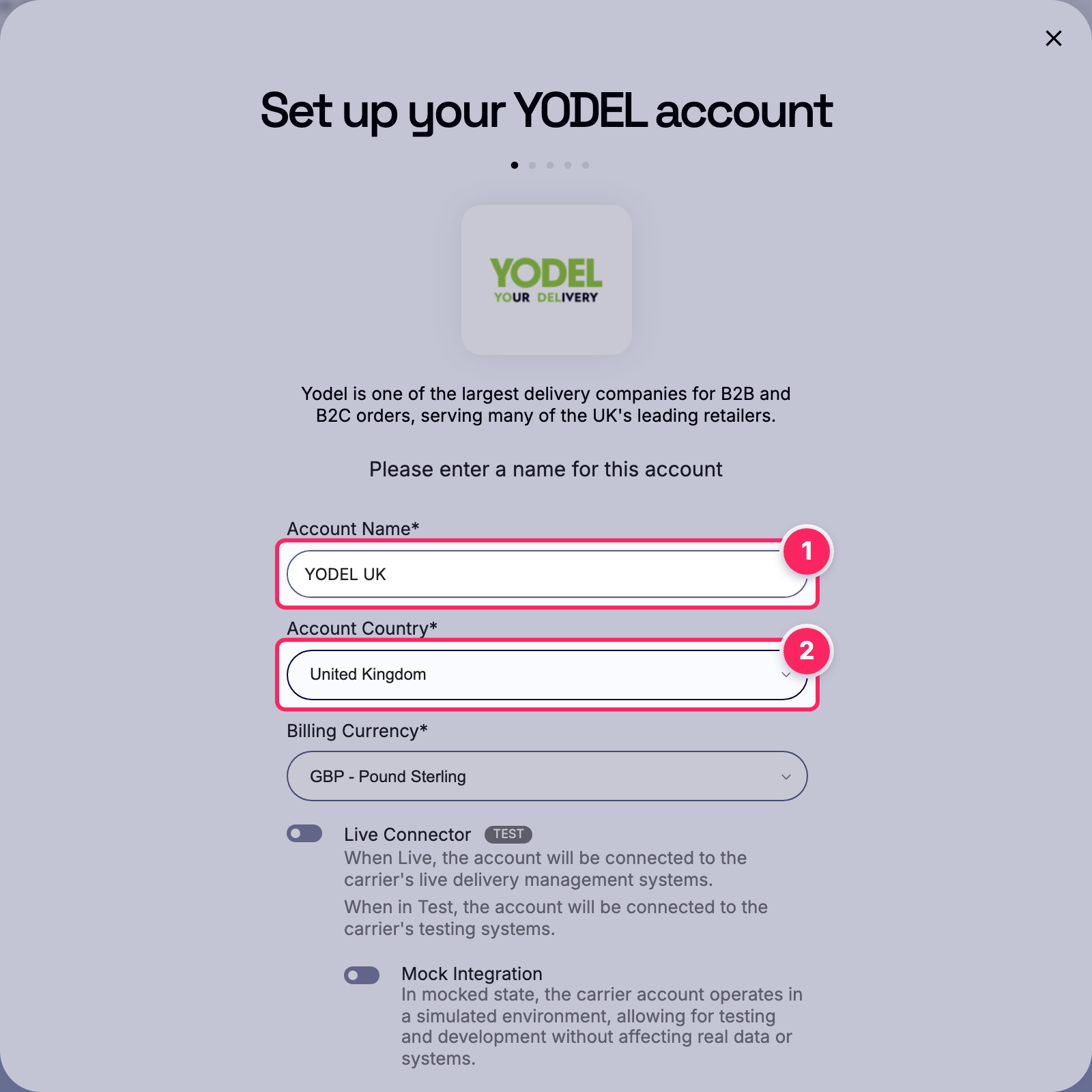 Fill in the account name and country.
