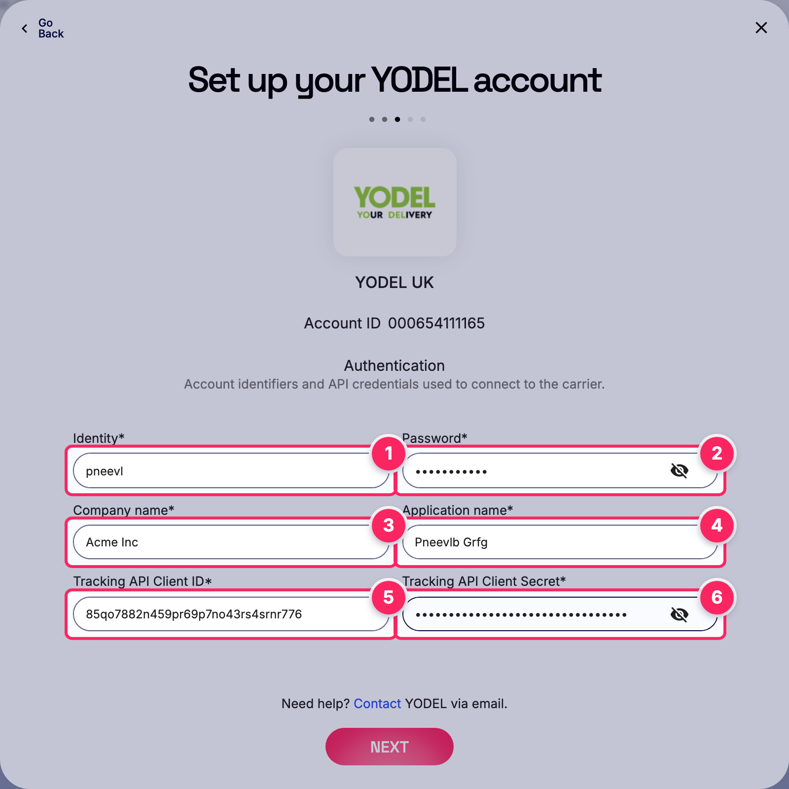Fill in the YODEL account details.