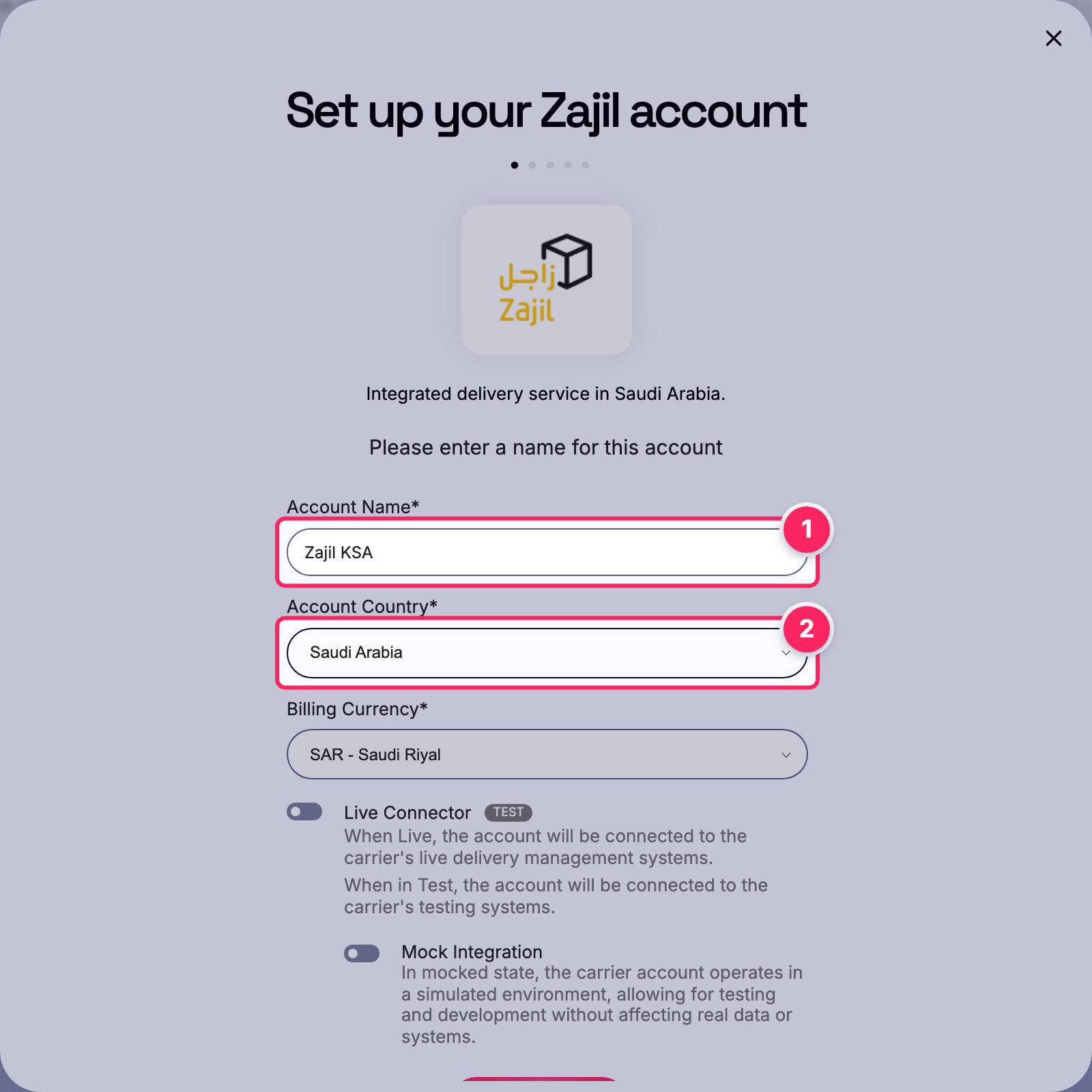 Fill in the account name and country.