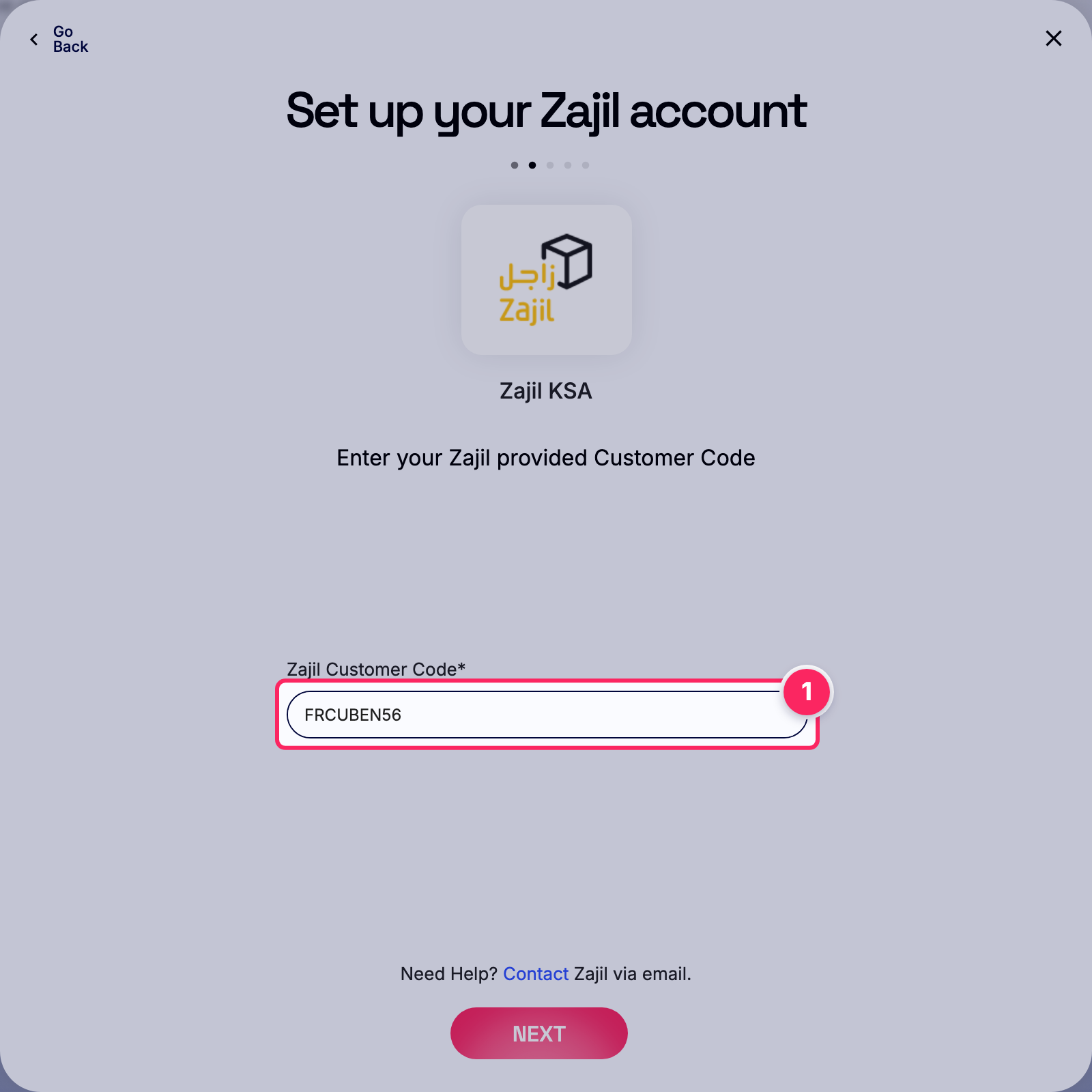 Enter zajil customer code.