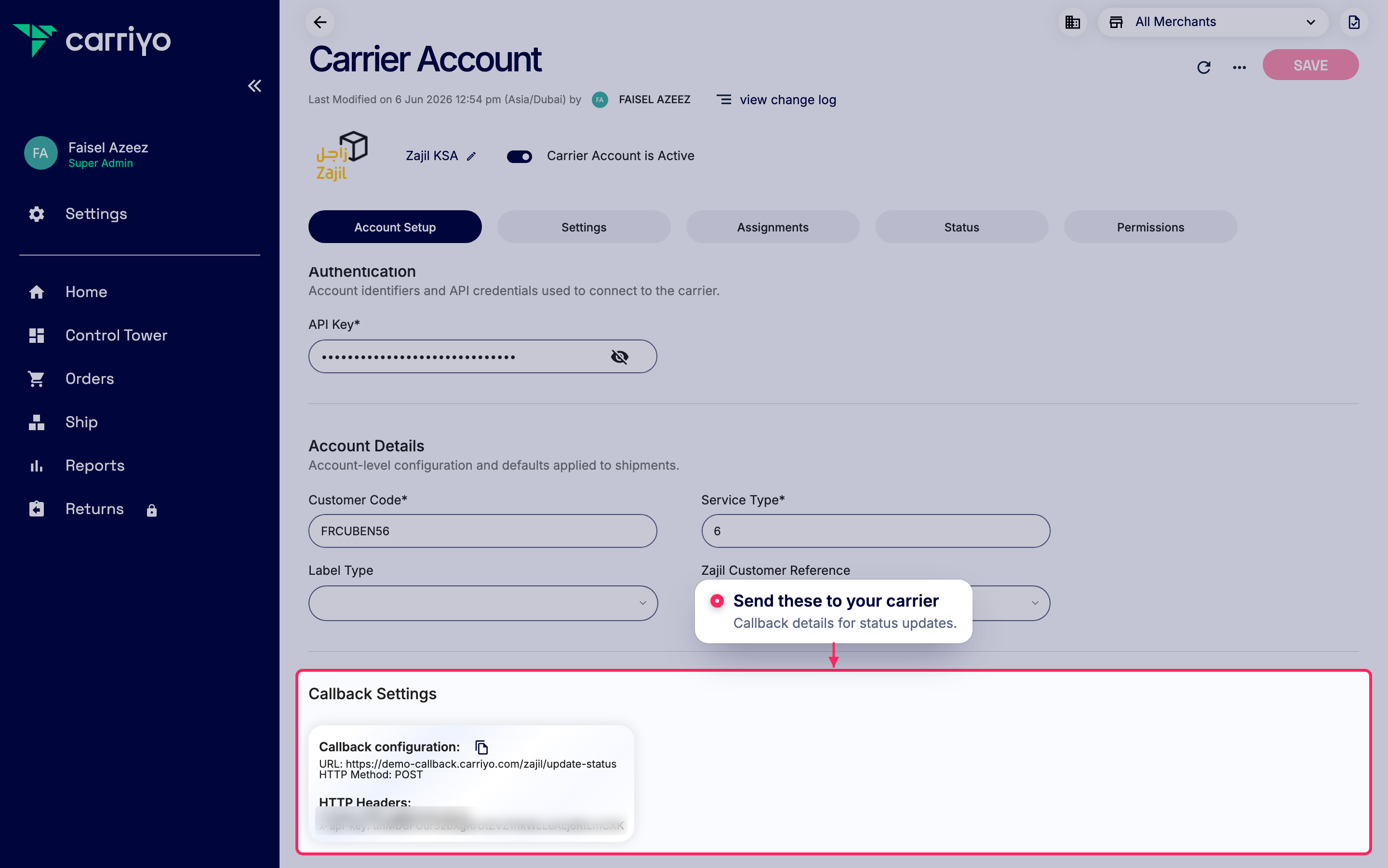 Share callback settings with your carrier