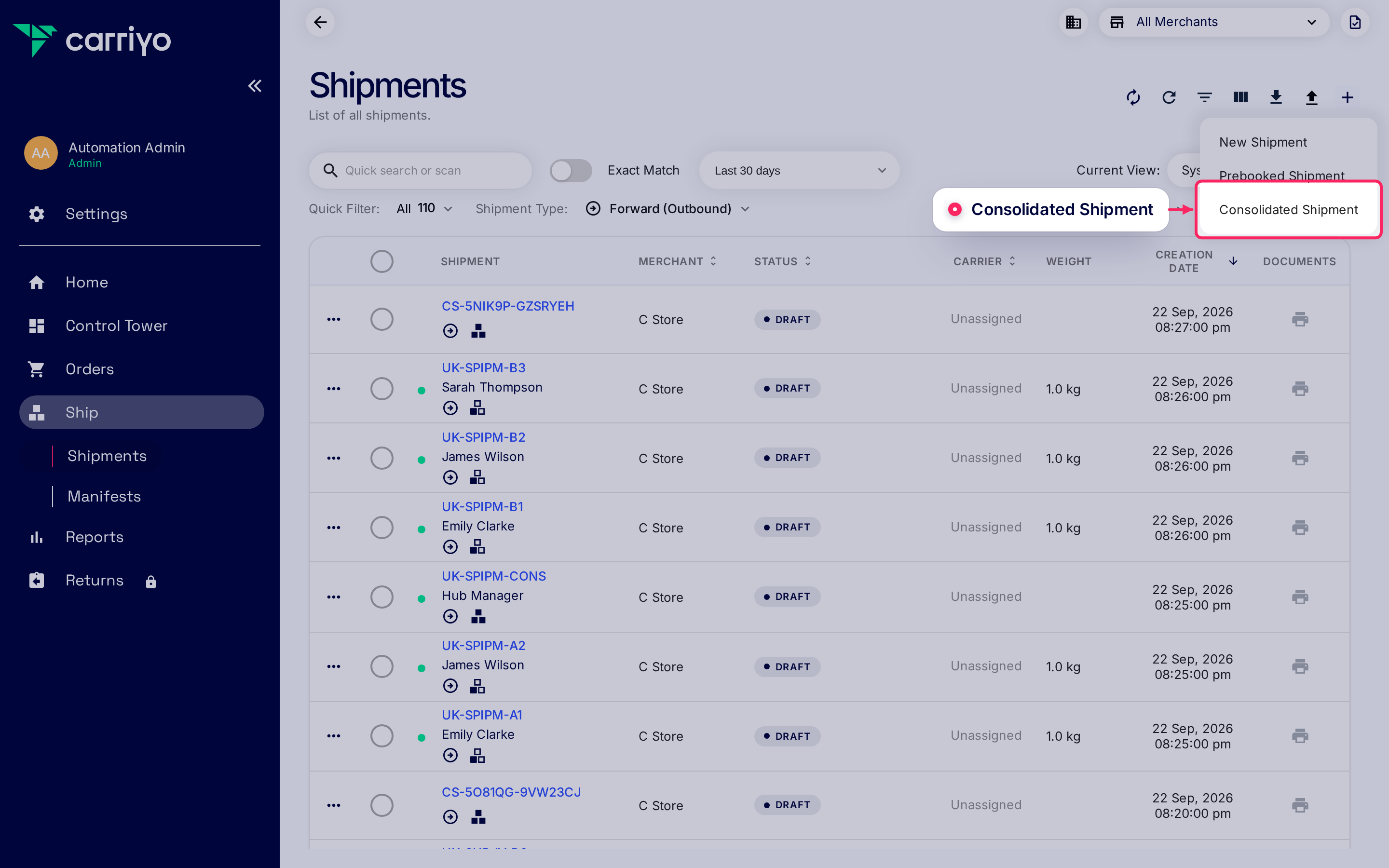 Shipments list with the + menu open and the Consolidated Shipment option highlighted, below New Shipment and Prebooked Shipment.