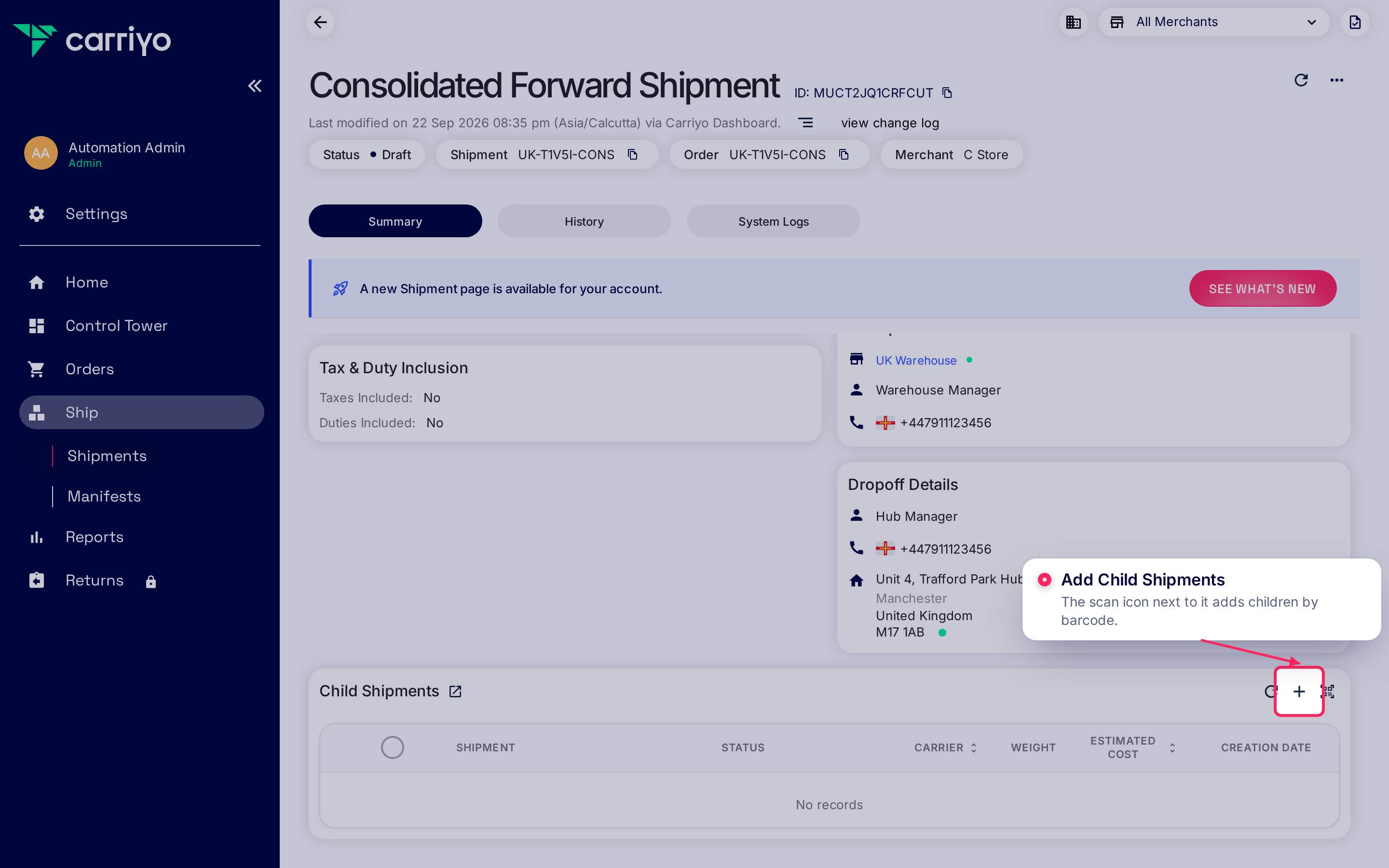 Consolidated Forward Shipment detail page in Draft status, with the Add Child Shipments button on the Child Shipments card highlighted.
