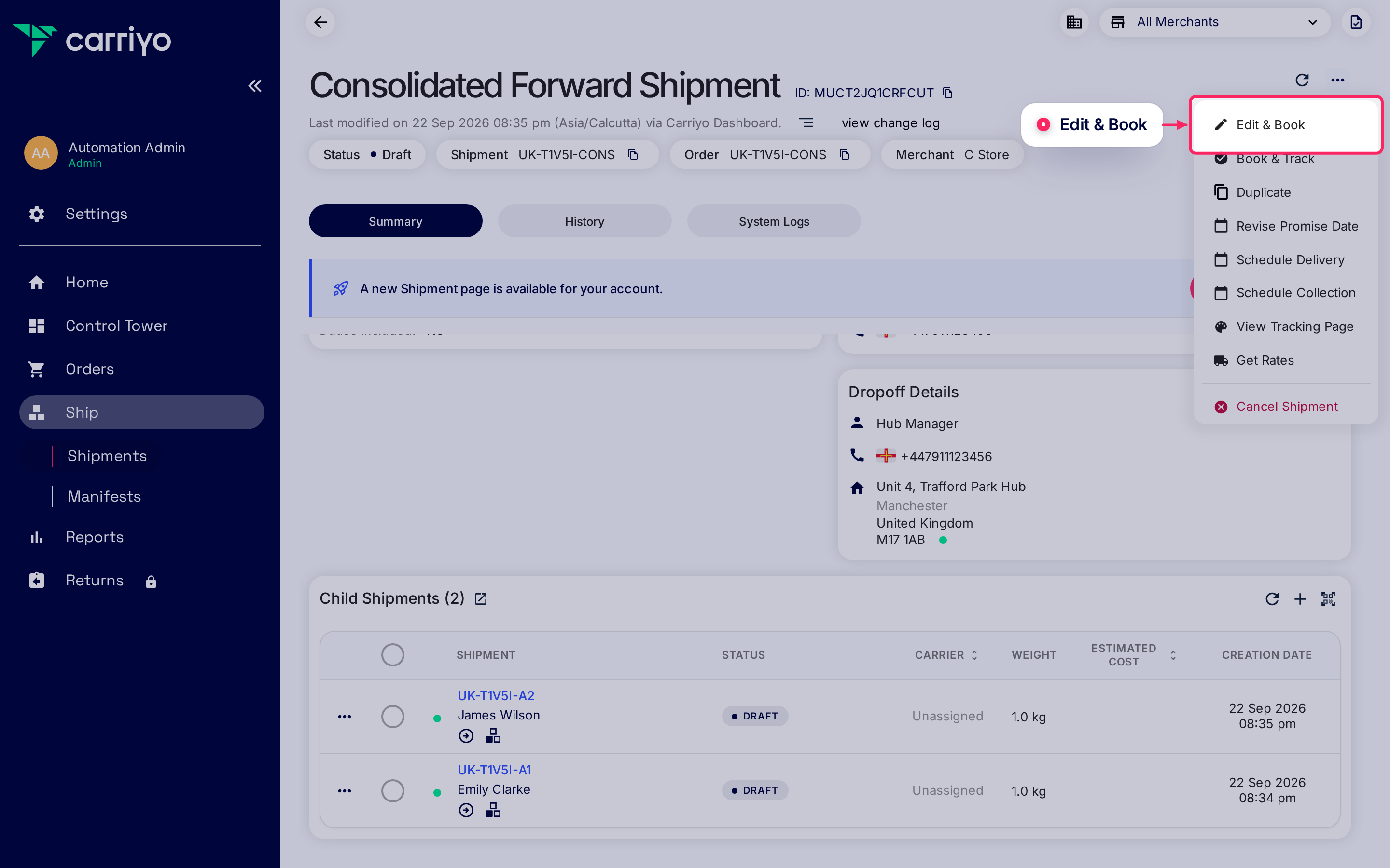 Consolidated Forward Shipment detail page with the actions menu open and Edit & Book highlighted.