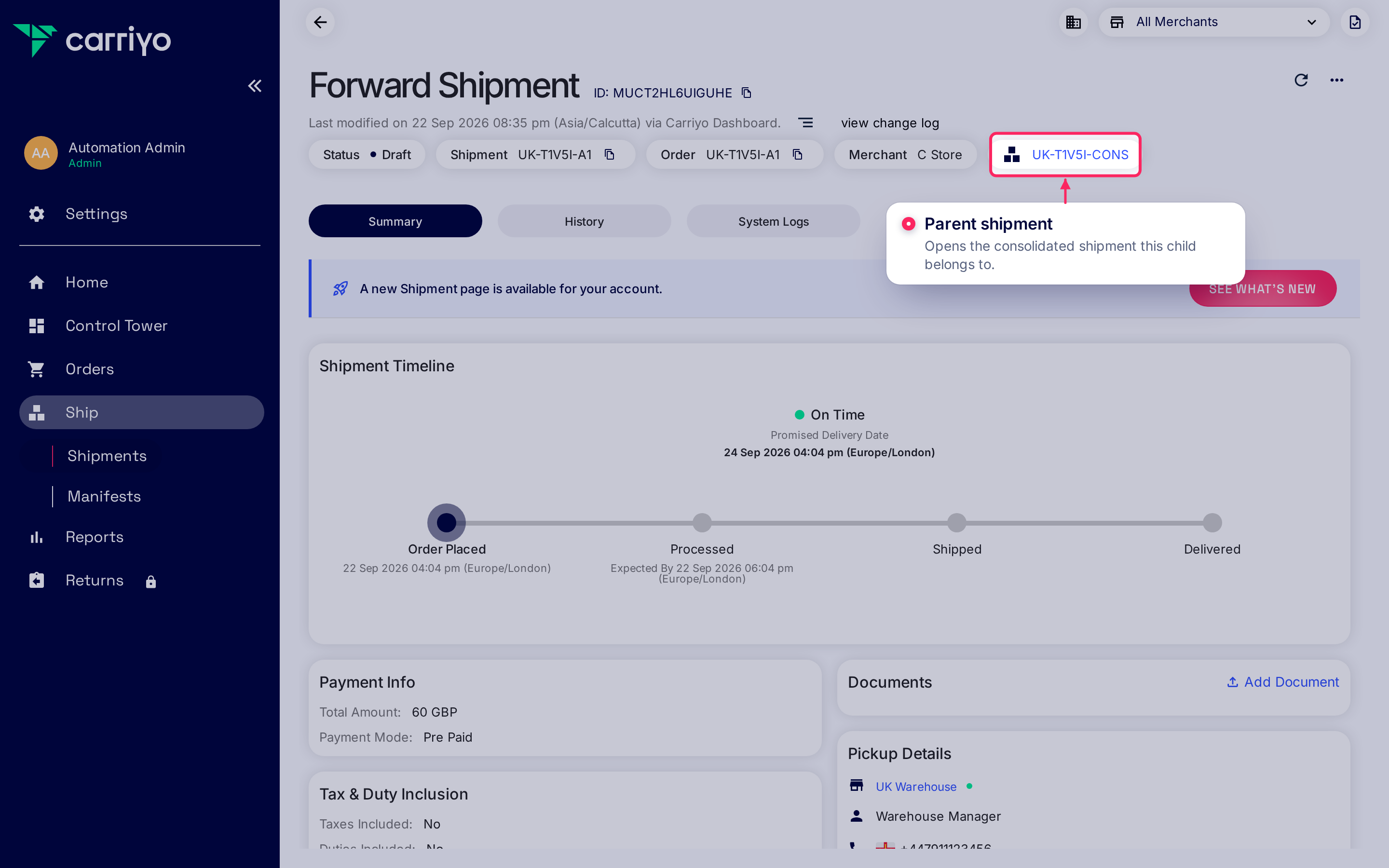 Forward Shipment detail page for a child shipment, with the parent's shipment number link in the header highlighted.
