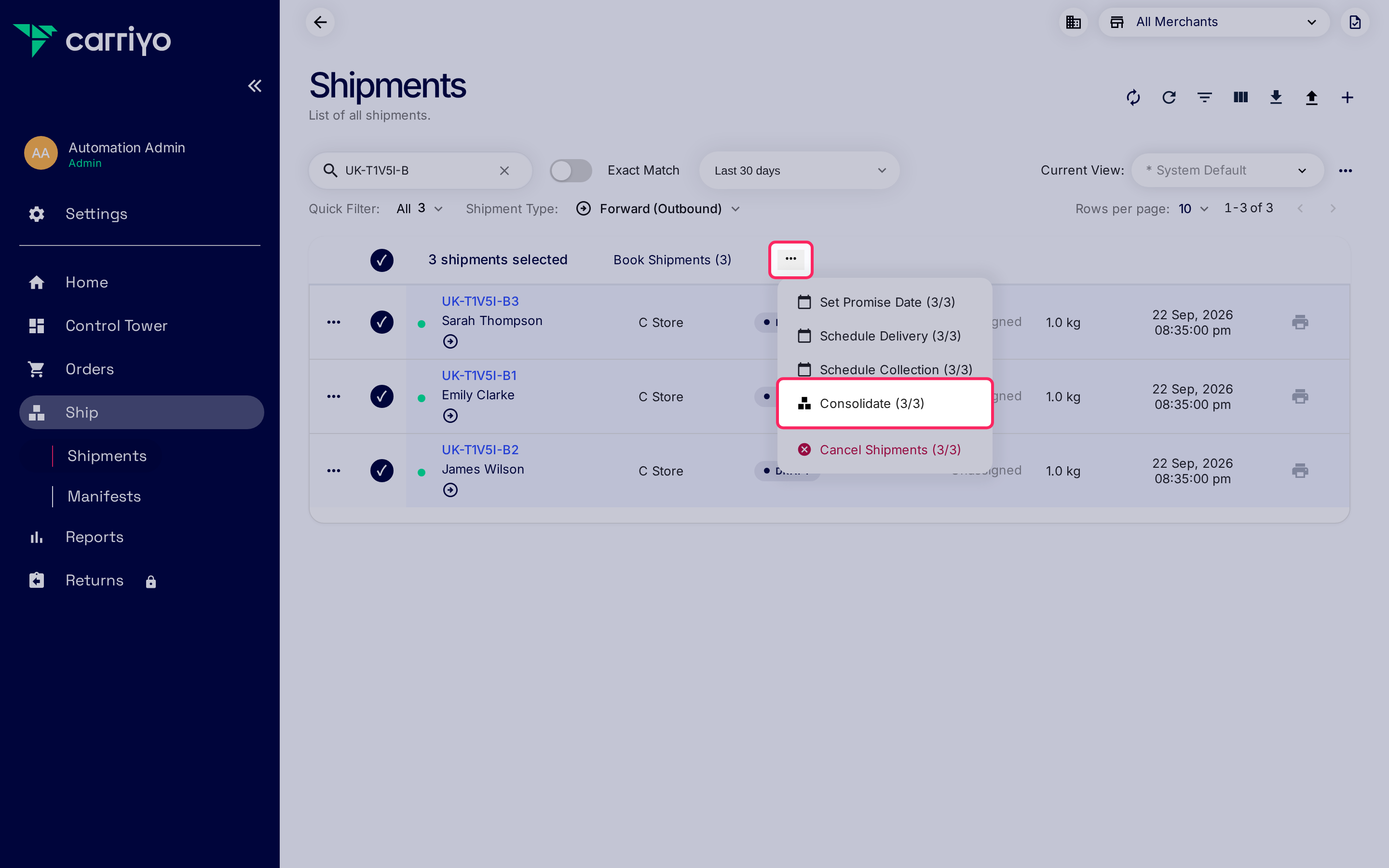 Shipments list with three draft shipments selected and the bulk actions menu open, with the More bulk actions button and the Consolidate (3/3) menu item each highlighted.