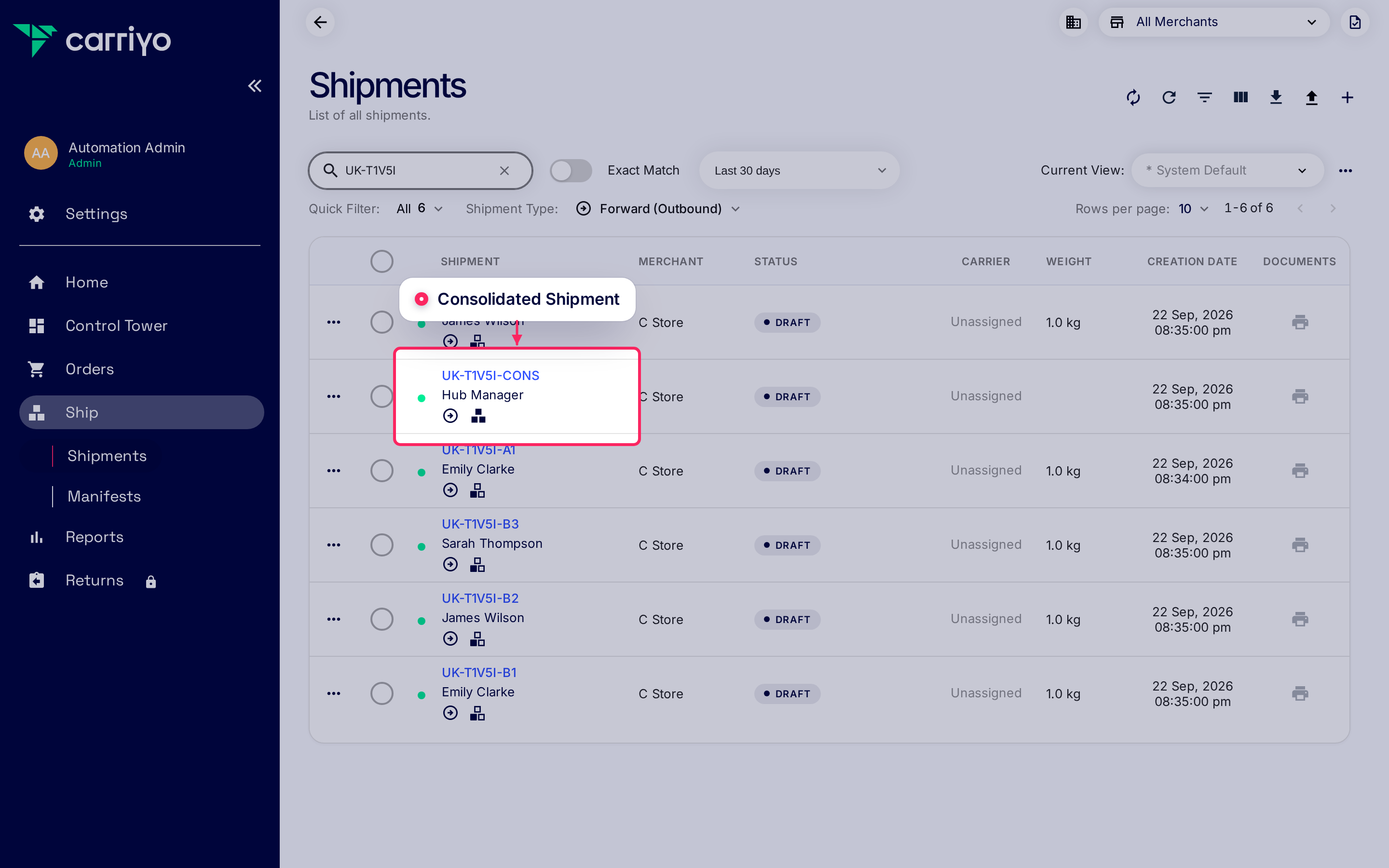 Shipments list with the consolidation icon under a parent shipment's order number highlighted, and a child row below it carrying its own icon.