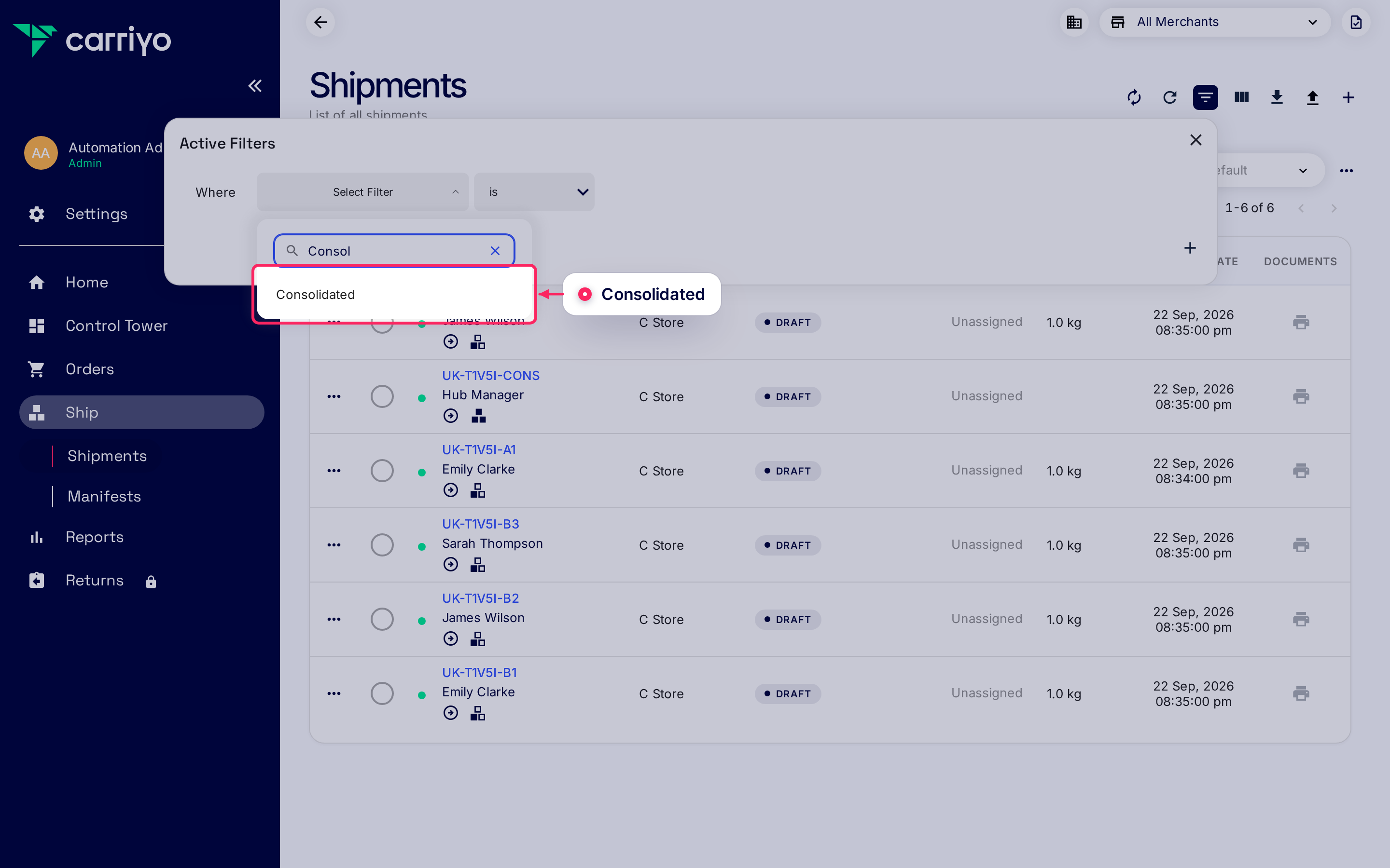 Active Filters builder with Consolidated highlighted in the Select Filter list.