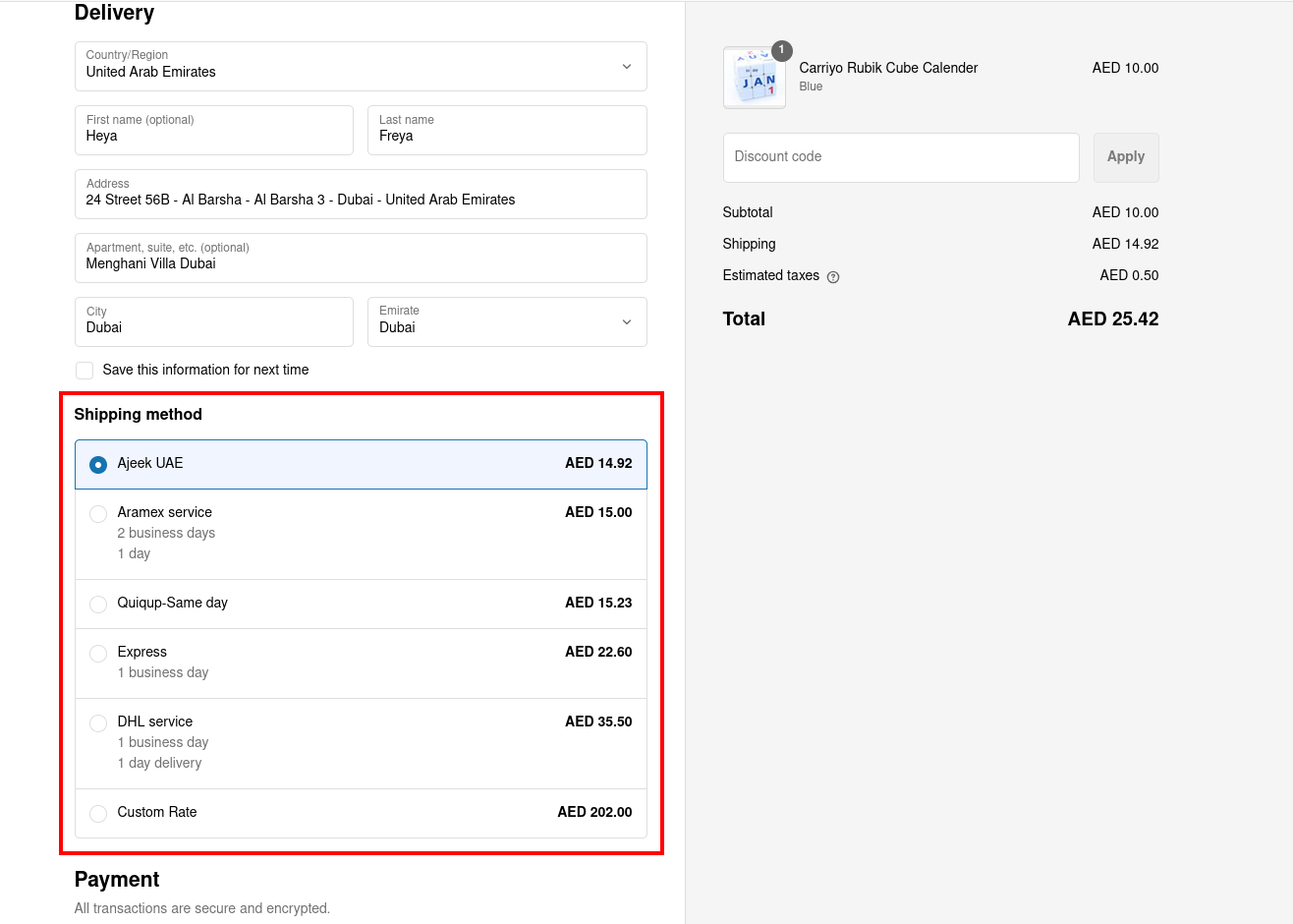 Shipping method on the Shopify checkout